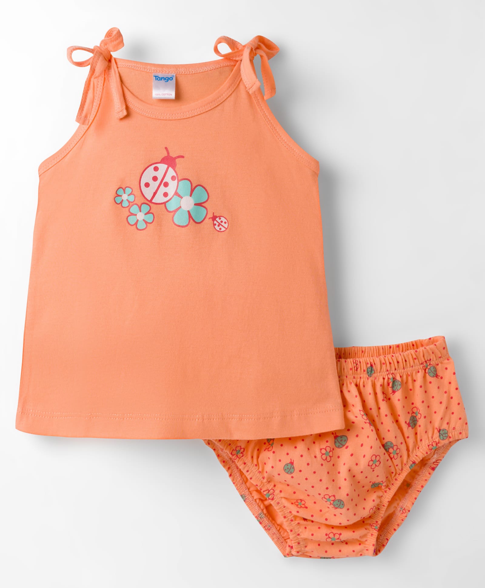 Tango Single Jersey Knit Sleeveless Floral & Ladybug Printed Slip & Bloomer Set - Orange-image-36
