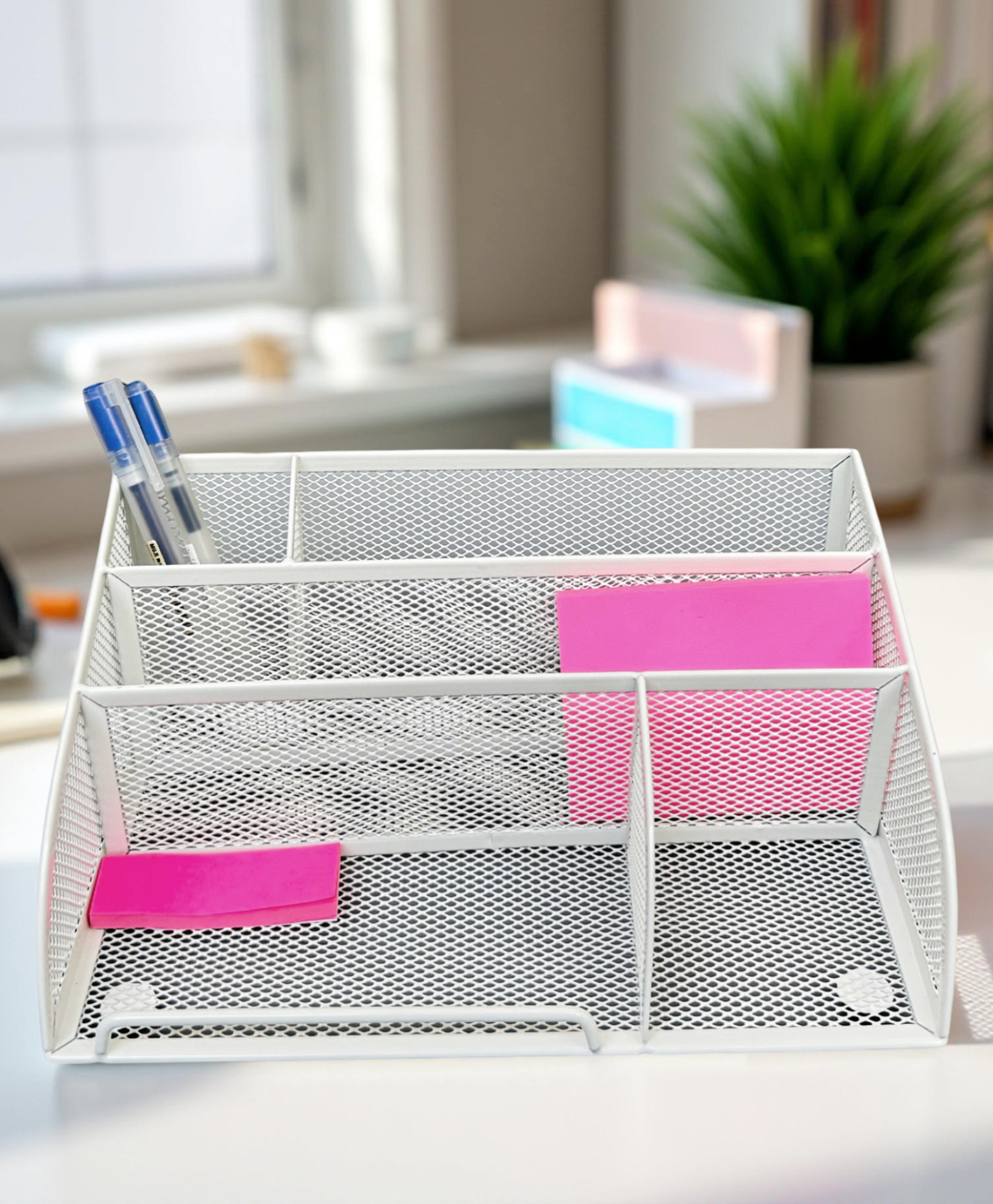 STOR Mesh Stationery Desk Organizer | Durable Metal, Multi-Compartment Open-Mesh Design | Ecru White-image-40