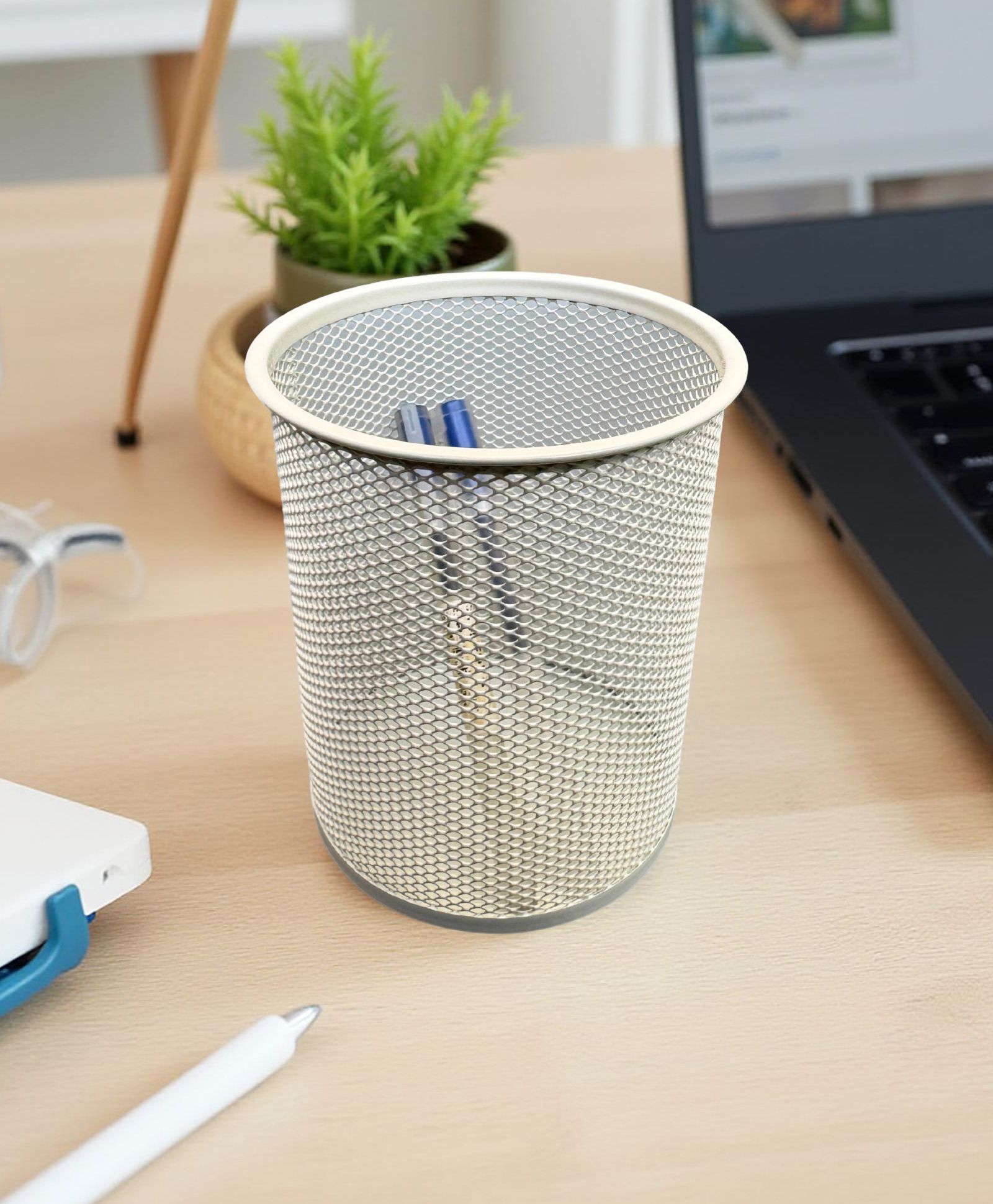 STOR Round Mesh Desk Organizer | Durable Metal Storage for Office Supplies | Ecru White |Set of 2-image-32