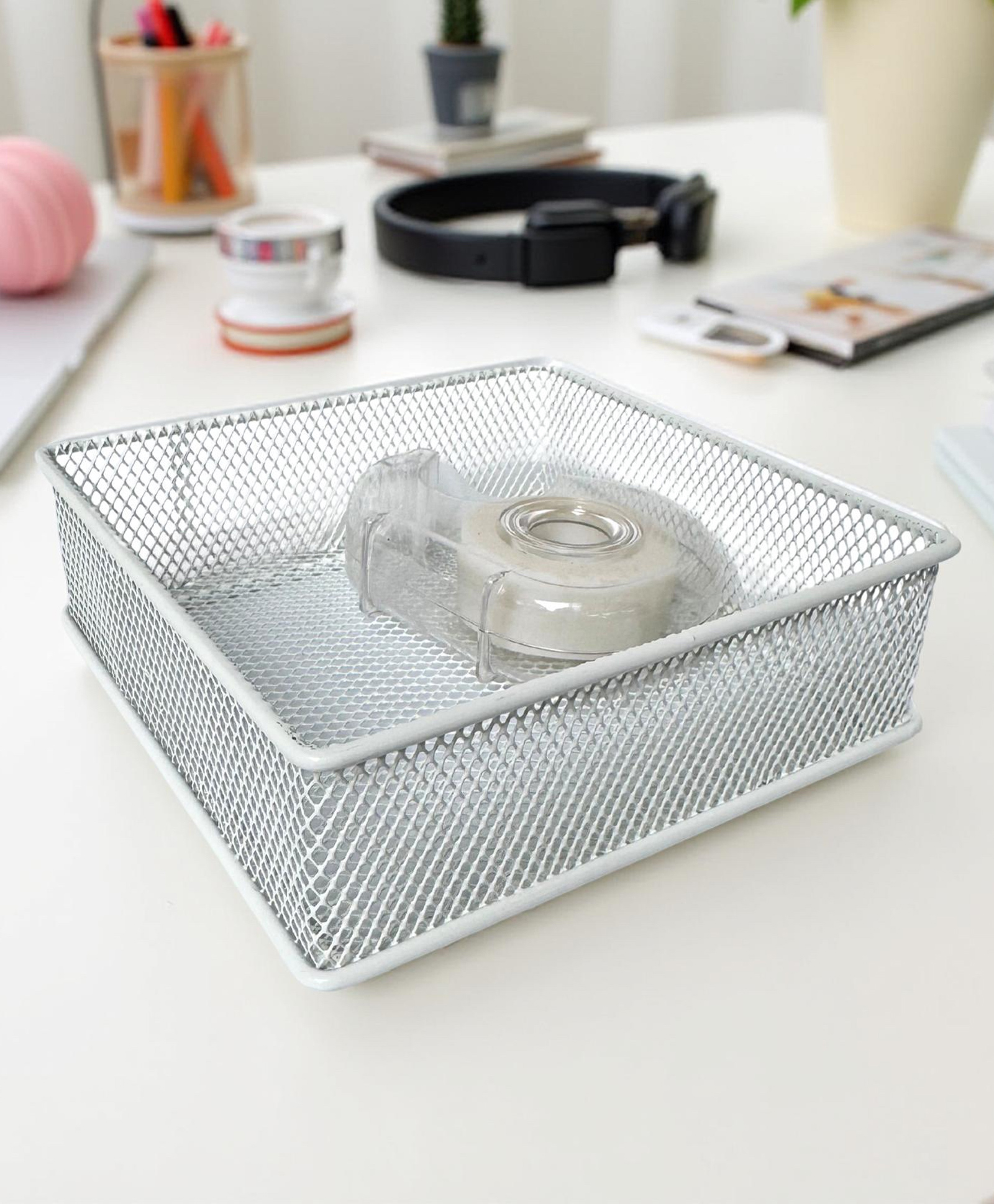 STOR Stackable Mesh Organizer | Sturdy Metal, Open-Mesh Storage for Home & Office | Ecru White | Set of 2-image-42