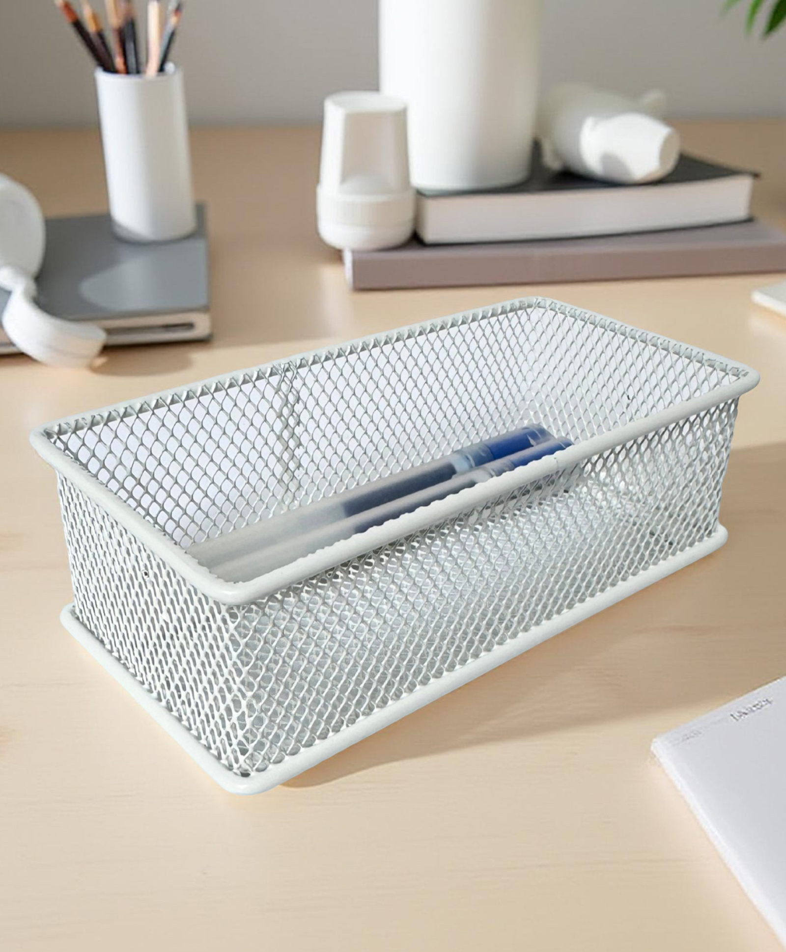 STOR Stackable Mesh Organizer | Sturdy Metal, Open Mesh Storage for Home & Office | Ecru White | Set of 2-image-43