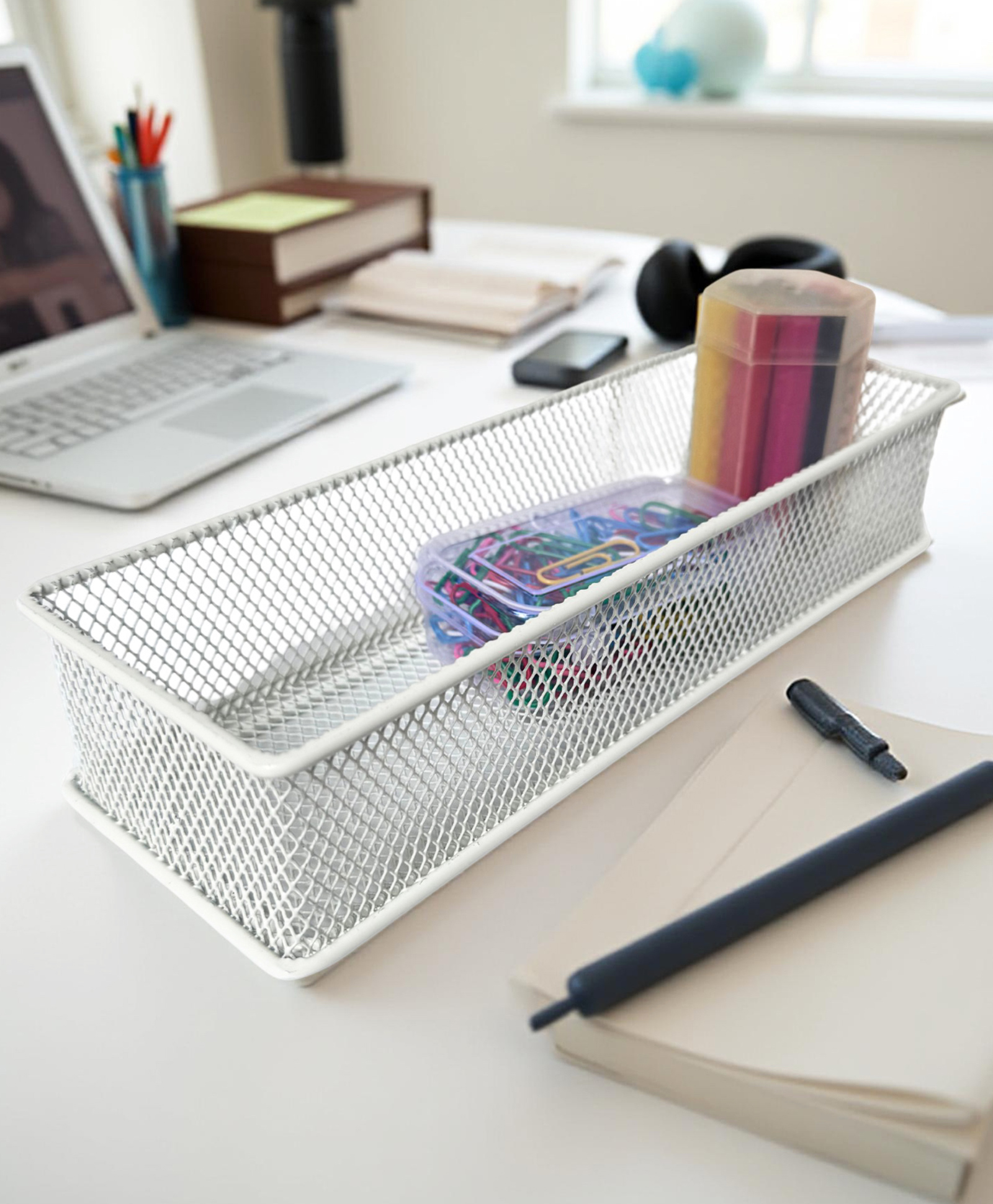 STOR Stackable Mesh Organizer | Sturdy Metal, Open Mesh Storage for Home & Office | Ecru White | Set of 2-image-44
