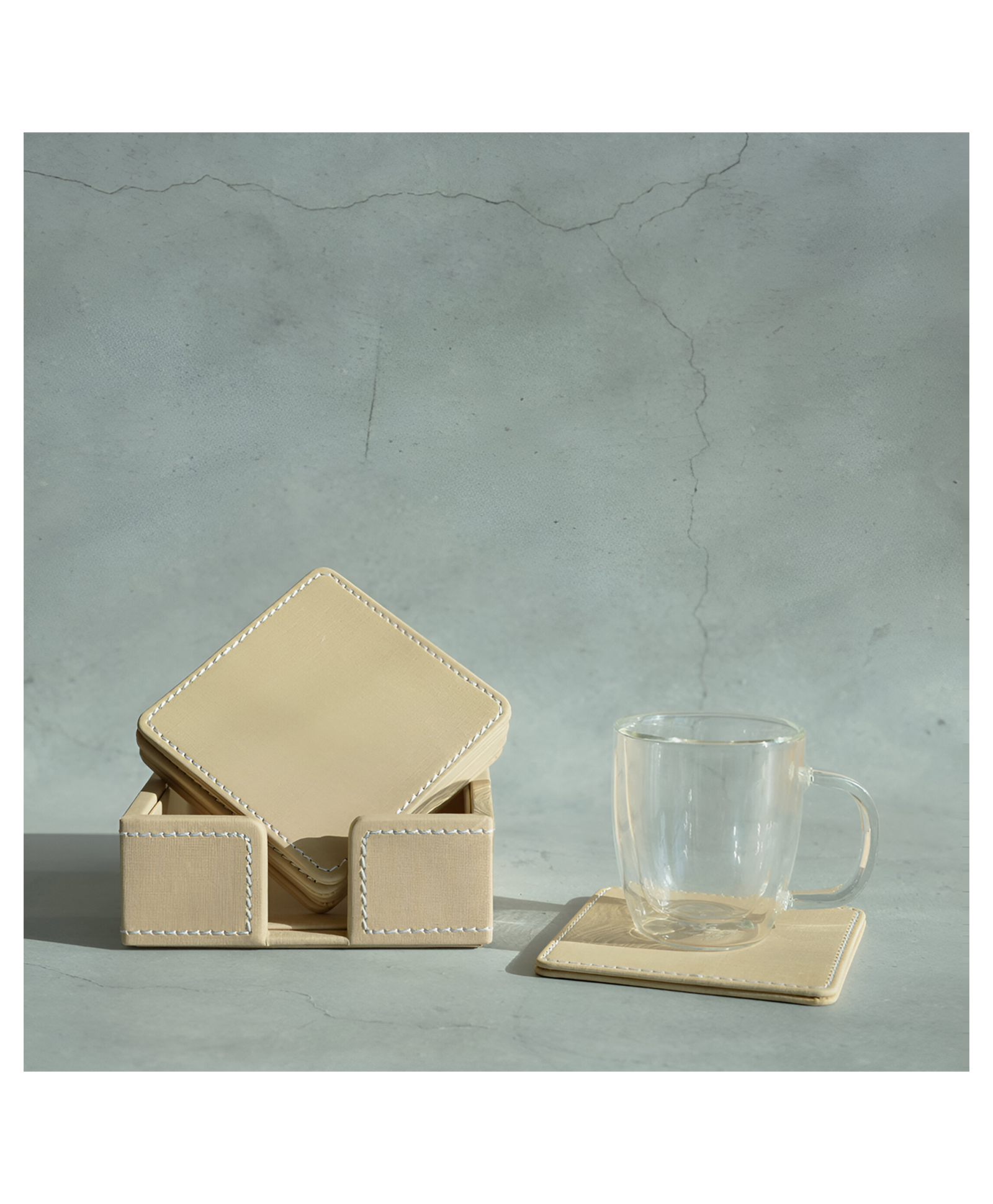 STOR PU Leather Coaster Set | Set of 6 Drink Coasters for Home & Office | Sand Beige-picture-14
