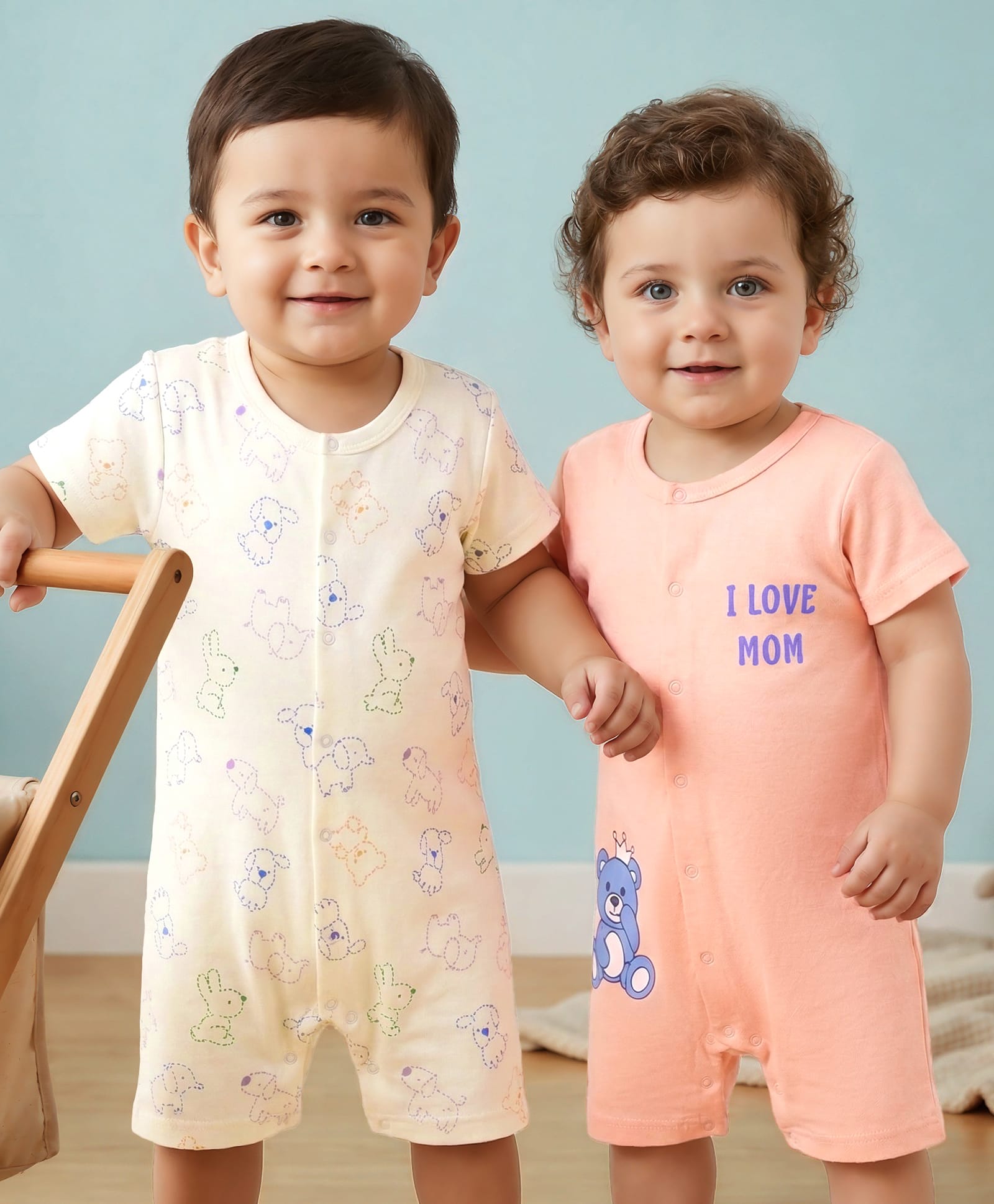 Babyoye 100% Cotton Knit With Eco Jiva Finish Half Sleeves Rompers with Bear Print & Patch Pack of 2 - Multicolor-image-37