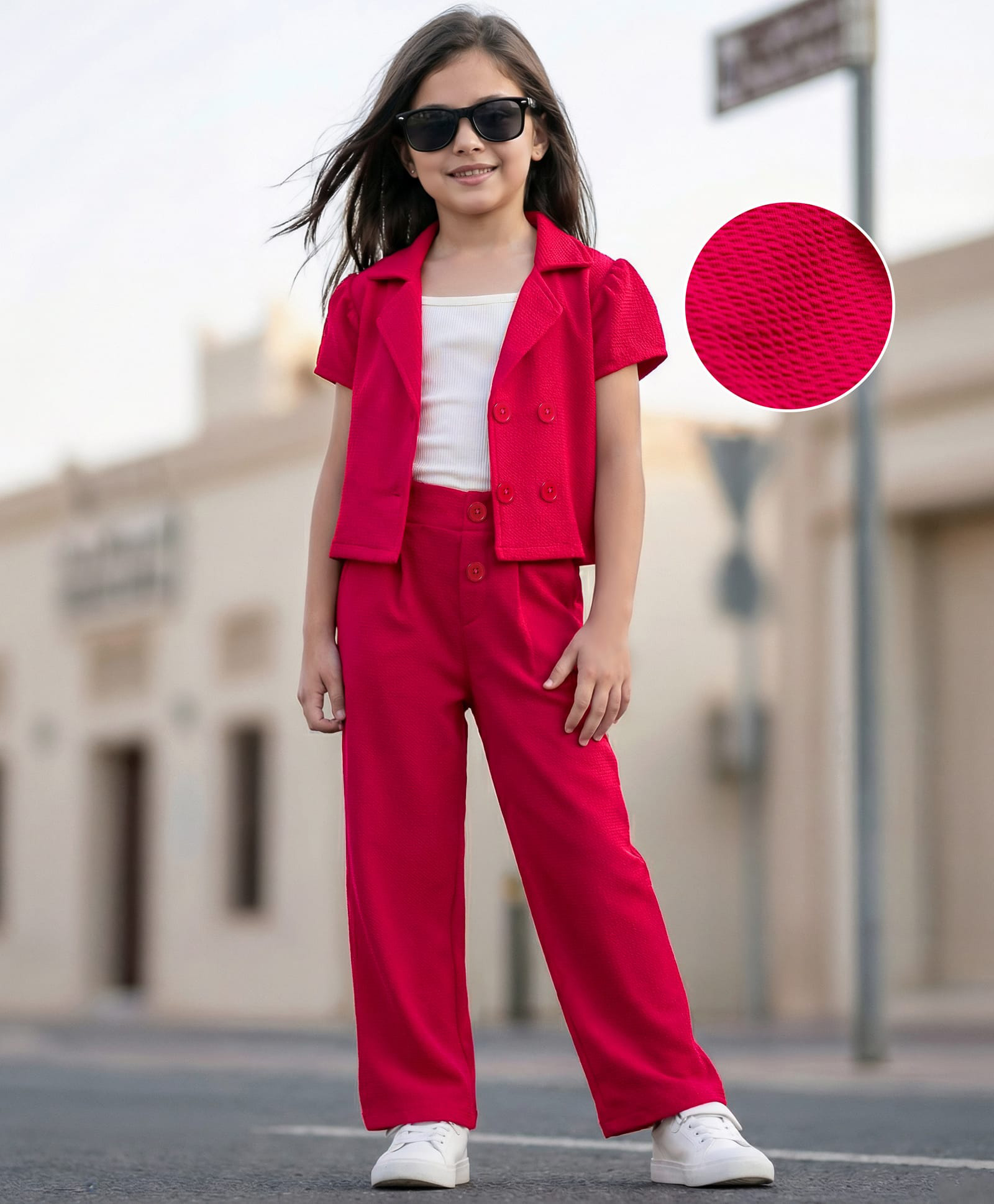 OLLINGTON ST. Waffle Knit Half Sleeve Top With Inner Tee & Culottes Set - Magenta