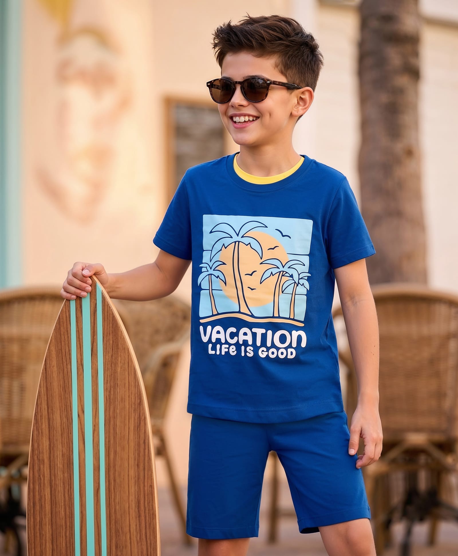 kookie kids india Kookie Kids Single Jersey Knit Half Sleeves T-Shirt & Shorts Set with Vacation Print - Navy Blue-picture-16