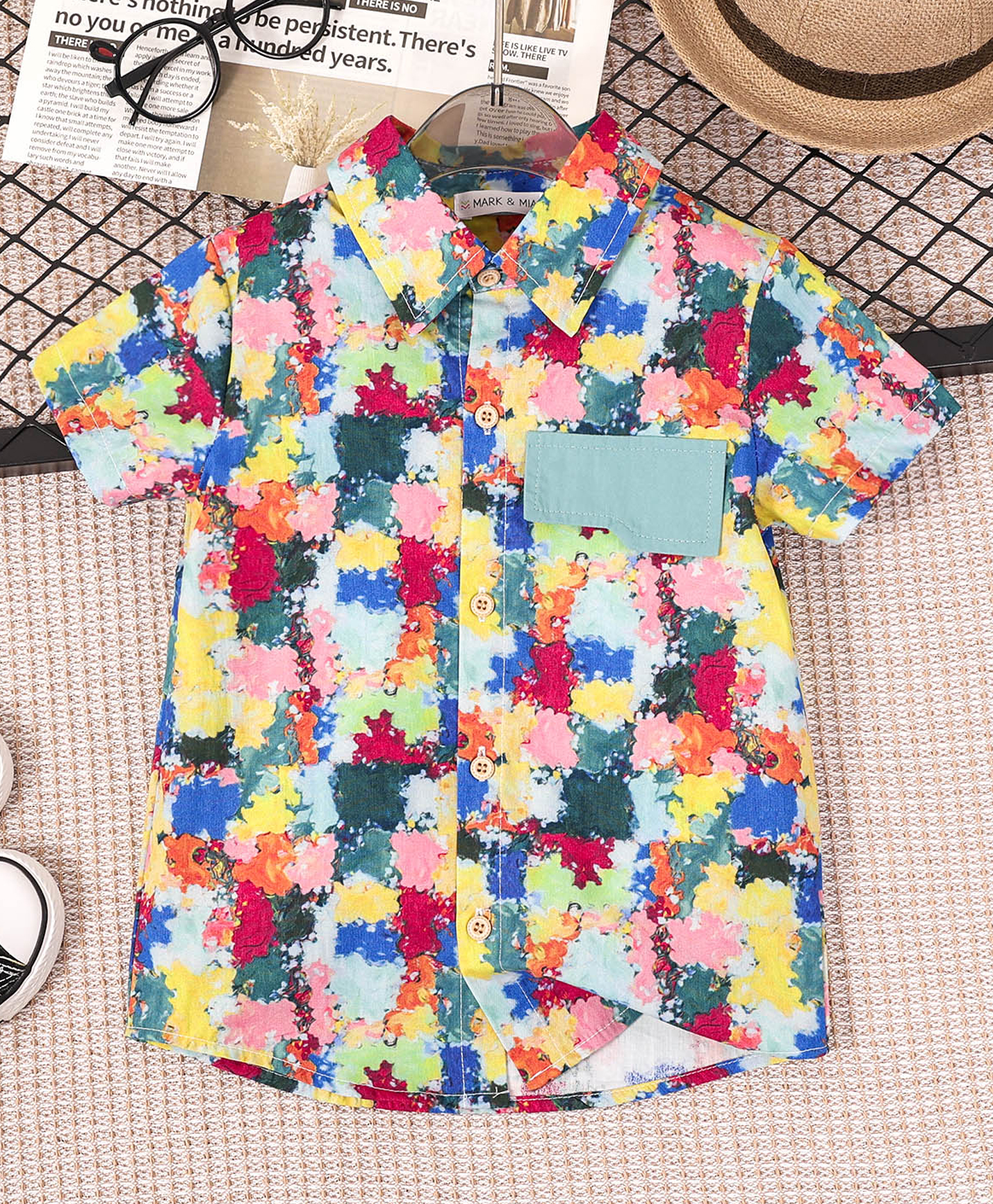 Mark & Mia Cotton Half Sleeves Printed Shirt - Blue Red & Yellow-image-40