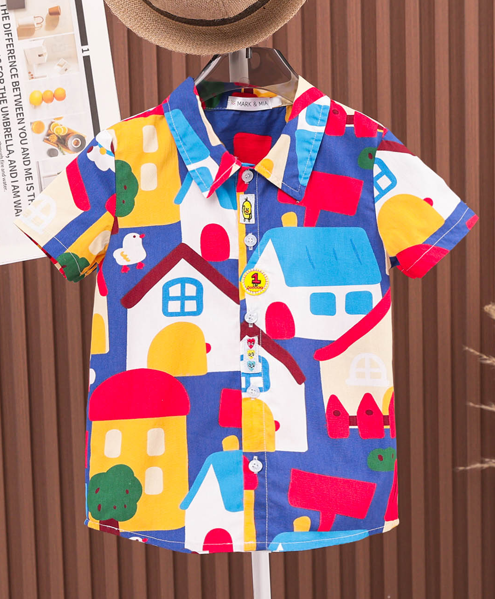 Mark & Mia Cotton Half Sleeves House Printed Shirt - Blue White & Yellow-picture-15
