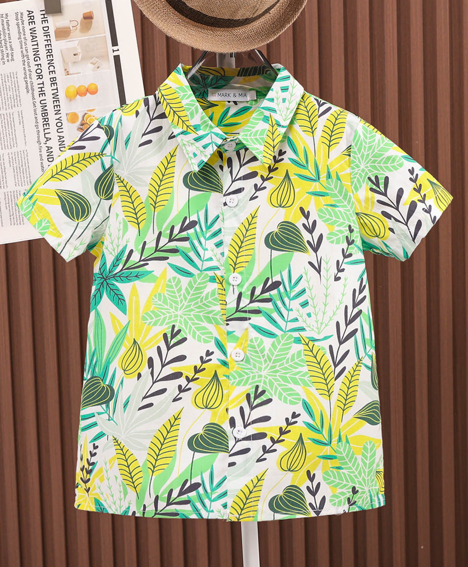 Mark & Mia Cotton Half Sleeves Tropical Theme Printed Shirt - White Green & Yellow-image-30