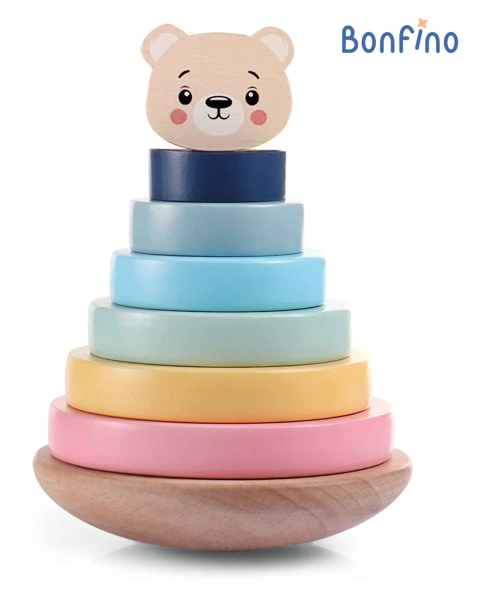 Bonfino 7 Pcs Premium Wooden Teddy Bear Stacking Rings| 6 Colorful Rings & Bear Topper| Shaking Base| Non-Toxic Natural Wood| BIS Certified| Educational Learning Toy for Kids | Montessori Learning-picture-36