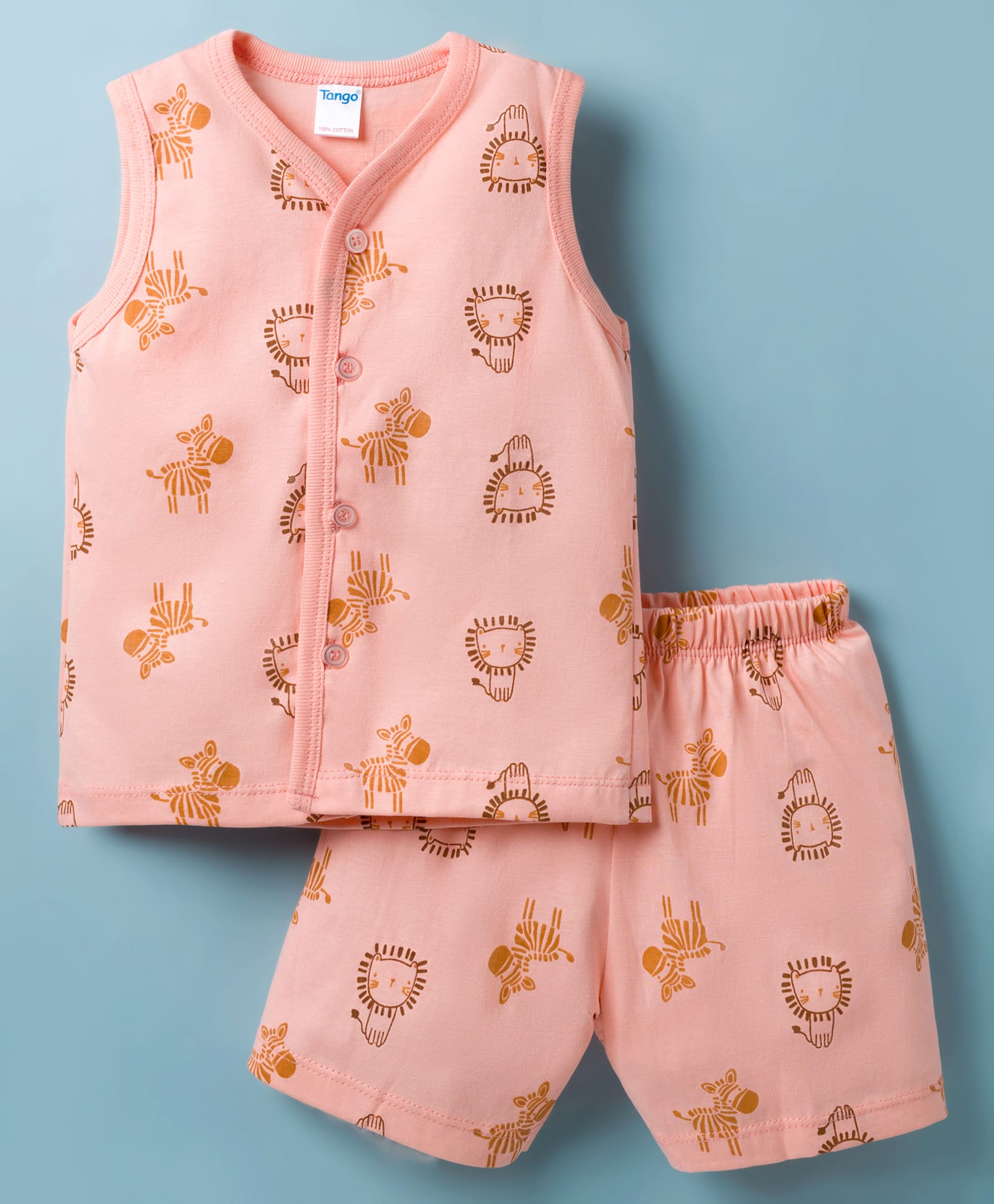 Tango Single Jersey Knit Sleeveless T-Shirt & Shorts Co-ord Night Suit With Animal Print - Peach-picture-24