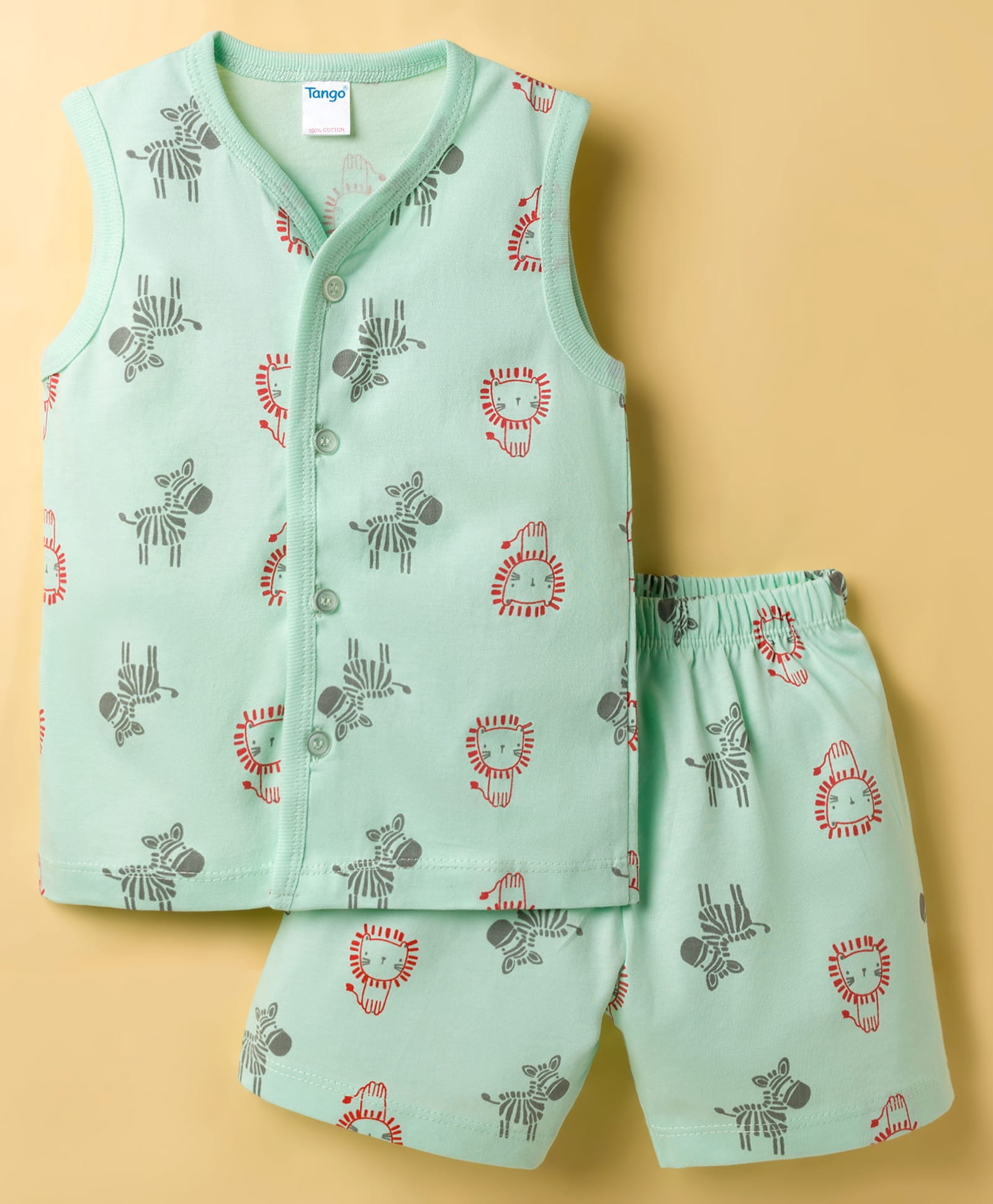 Tango Single Jersey Knit Sleeveless T-Shirt & Shorts Co-ord Night Suit With Animal Print - Sea Green-image-42