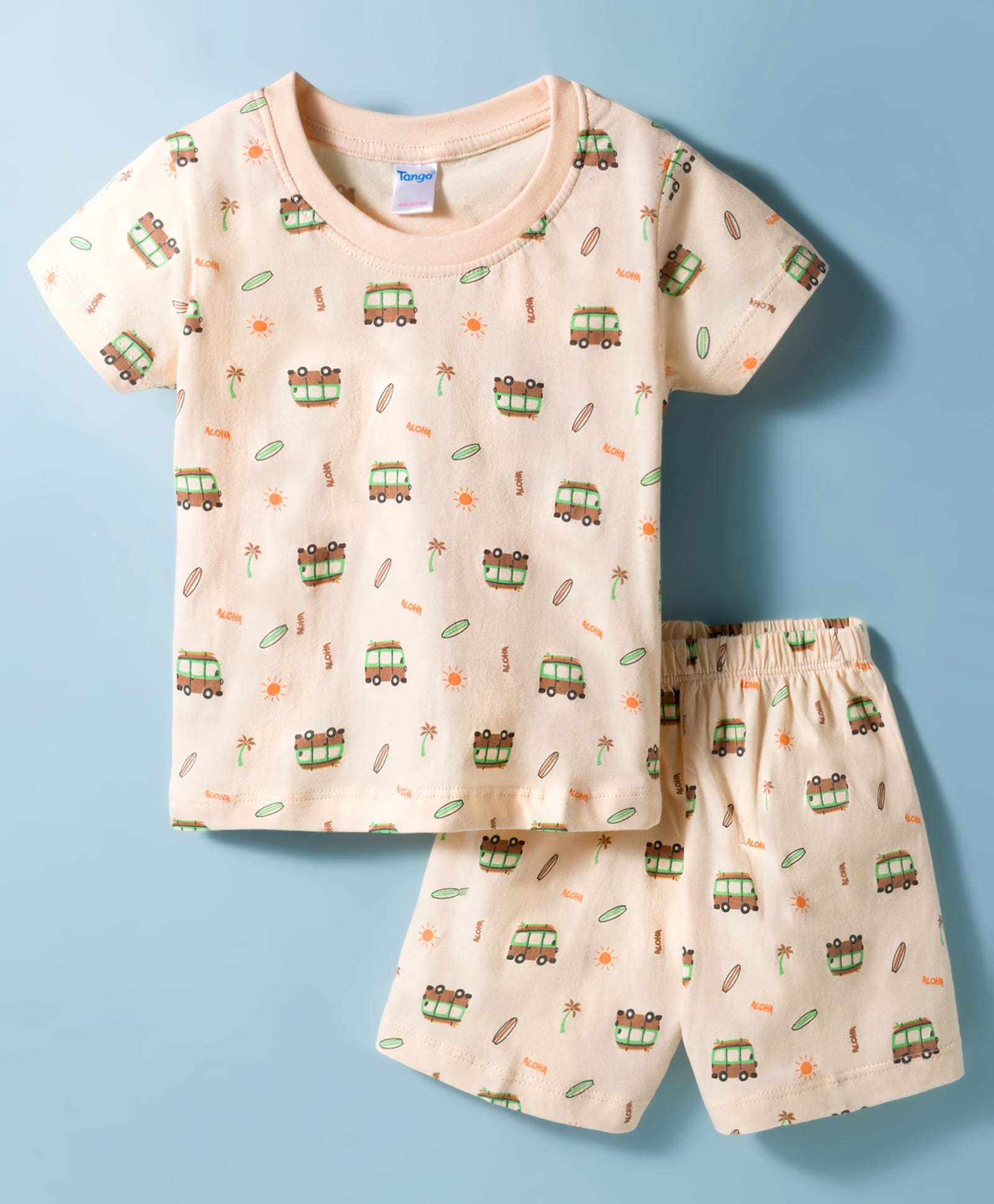 Tango Single Jersey Knit Half Sleeves Co-ords T-Shirt & Shorts Night Suit with Hawaii Print - Cream-image-43
