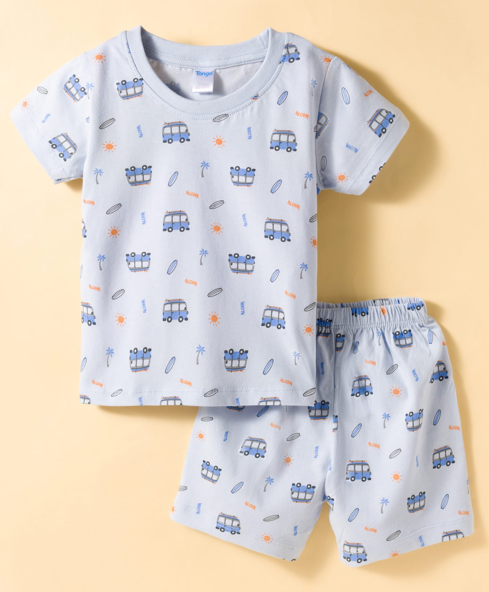 Tango Single Jersey Knit Half Sleeves T-Shirt & Shorts Co-ord Night Suit With Beach Theme Print - Light Blue-image-26