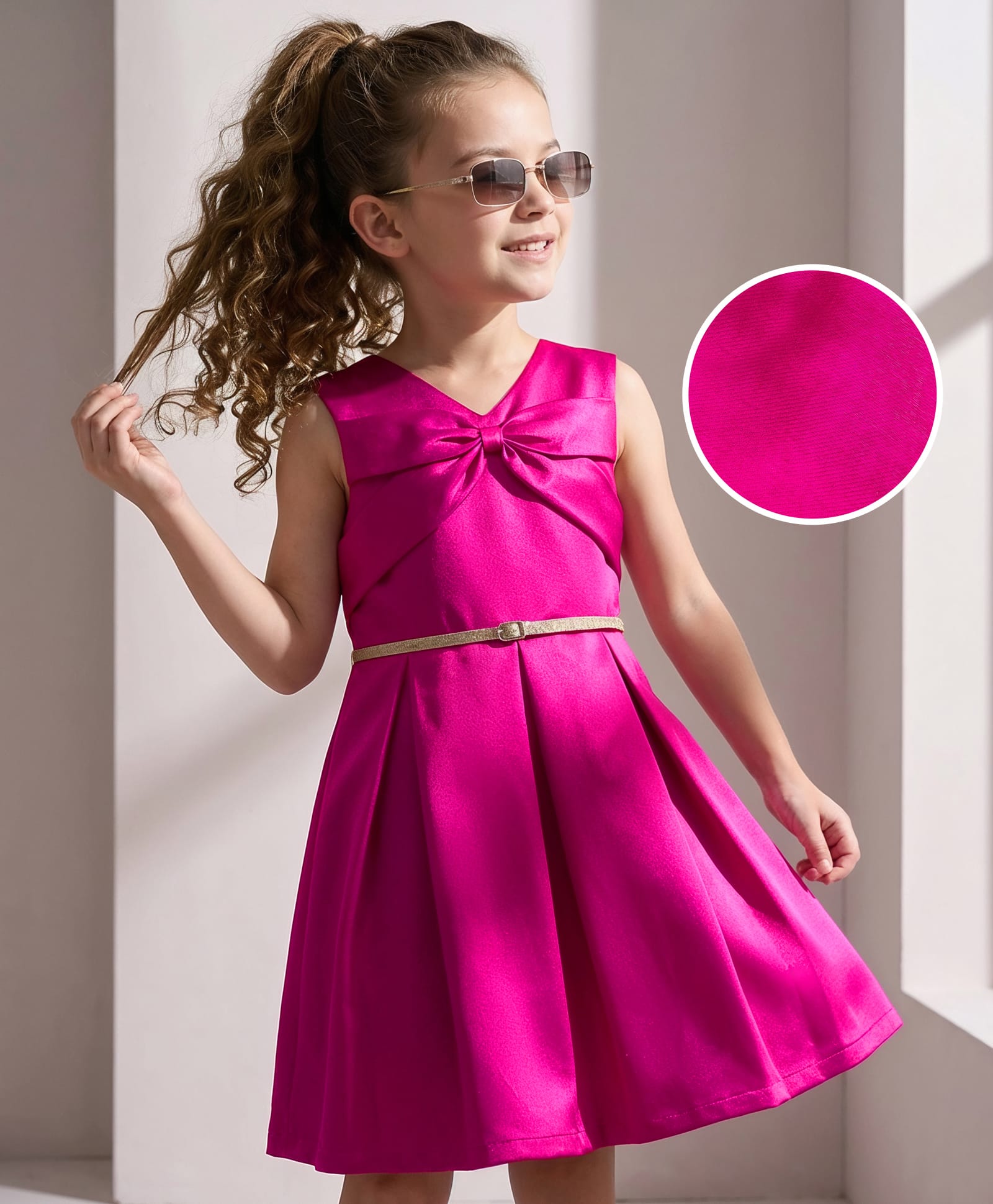 Hola Bonita Woven Sleeveless Solid Party Dress With Belt - Fuchsia-image-28