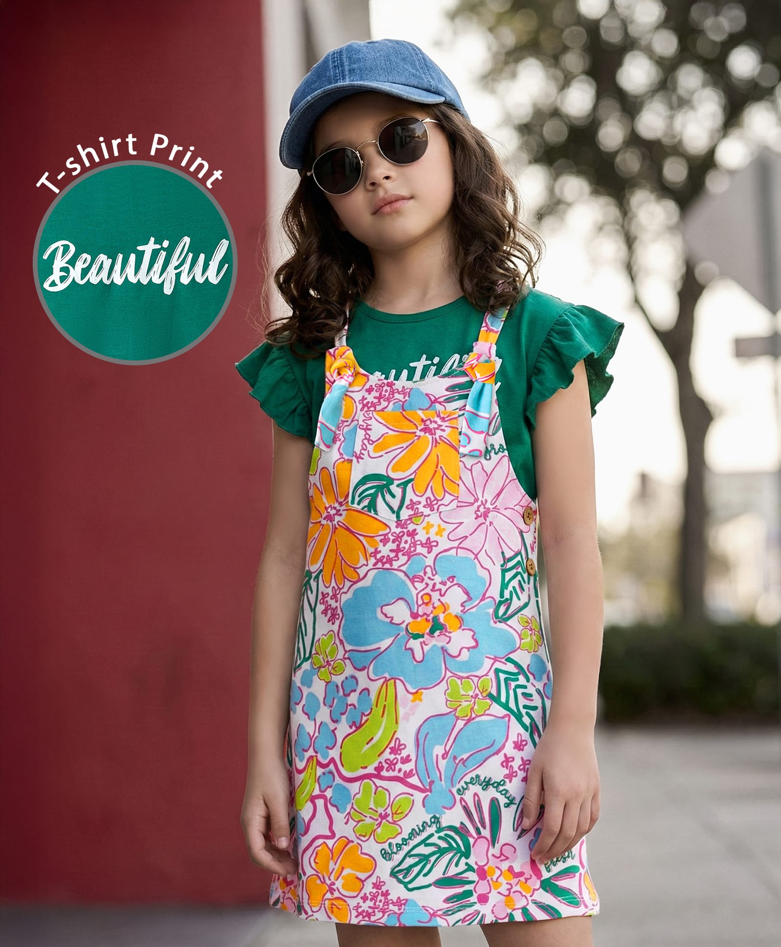OLLINGTON ST. Cotton Knit Printed Pinafore With Half Sleeve Top - Multicolour & Green-picture-28
