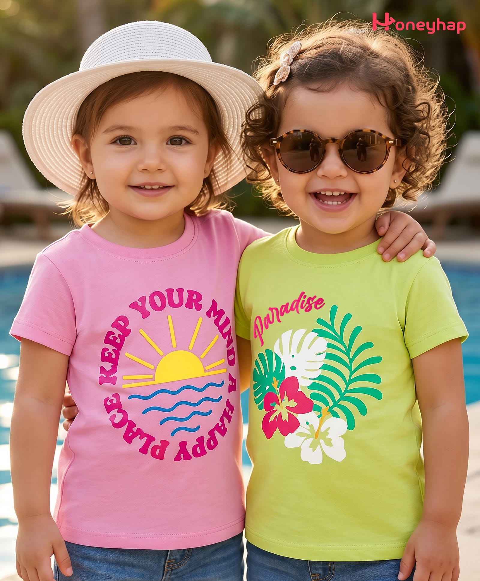 Honeyhap Premium 100% Cotton Knit Half Sleeves T-Shirts with Bio Finish & Tropical Theme Print Pack of 2 - Prism Pink & Wild Lime-image-27