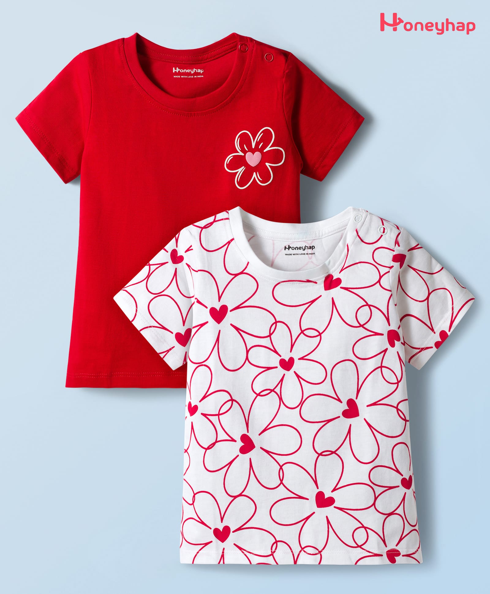 Honeyhap Premium 100% Cotton Knit With Bio Finish Half Sleeves Floral Printed T-Shirts Pack of 2 - High Risk Red & Bright White-image-7