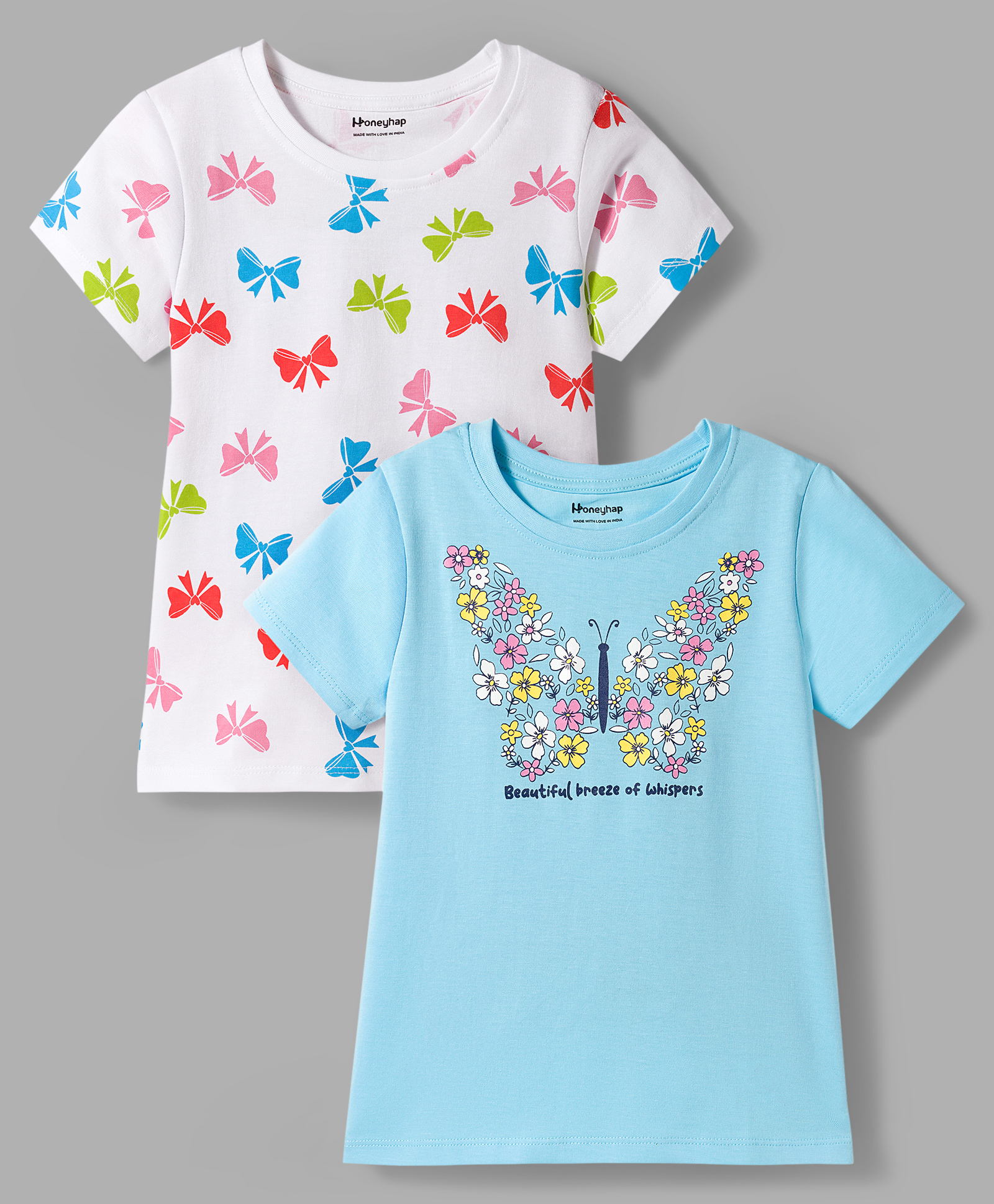 Honeyhap Premium 100% Cotton Knit Half Sleeves T-Shirts With Bio Finish Butterfly & Floral Print Pack of 2 - Latomizer & Bright White
