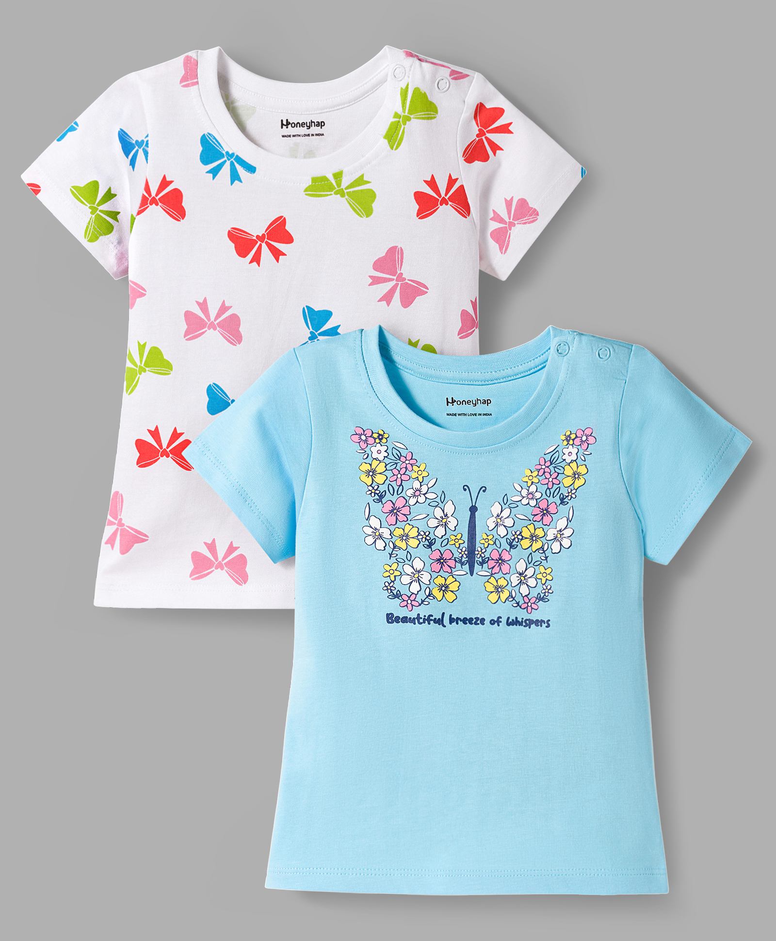 Honeyhap Premium 100% Cotton Knit Half Sleeves T-Shirts With Bio Finish Butterfly & Floral Print Pack of 2 - Latomizer & Bright White
