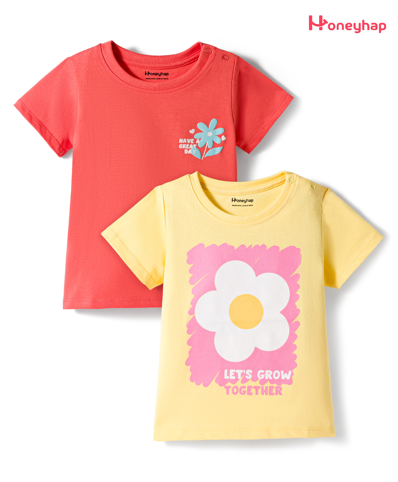 Honeyhap Premium 100% Cotton Knit With Bio Finish Half Sleeves T-Shirts With Floral Print Pack of 2 - Fresh Salmon & Popcorn-picture-27