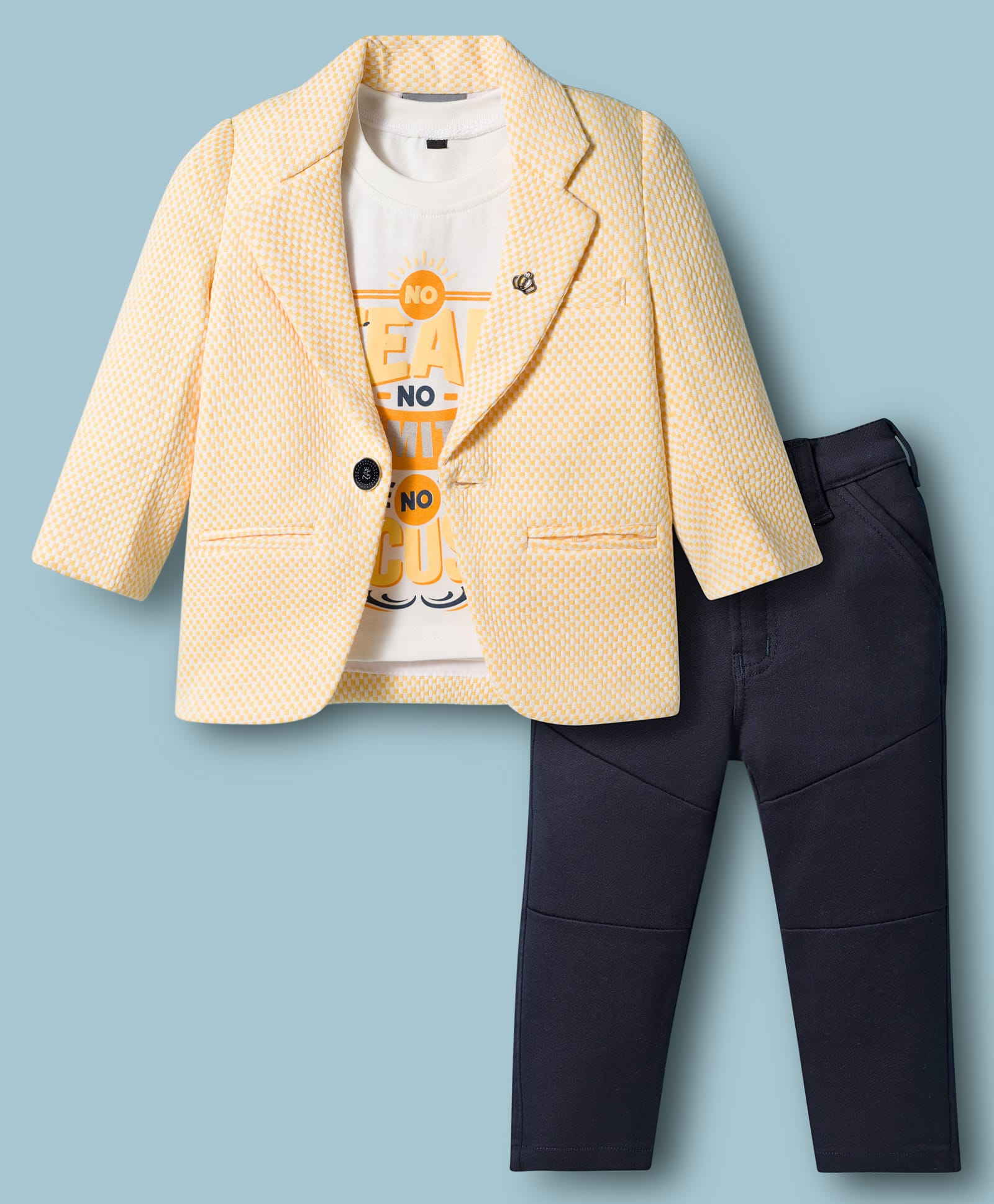 Dapper Dudes Full Sleeves Textured Blazer With Typography Printed Tee & Pant Set - Yellow-image-26