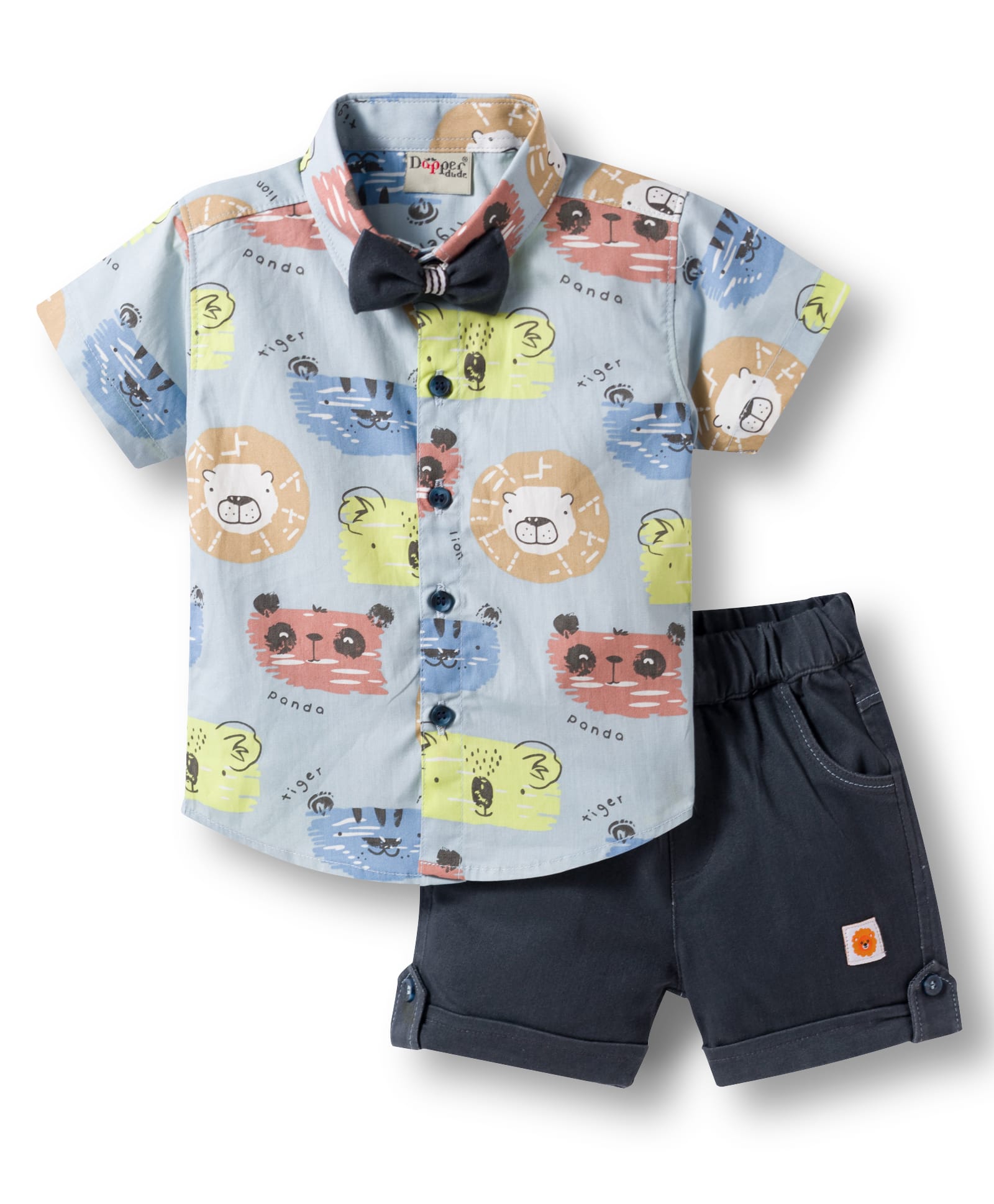 Dapper Dudes Half Sleeves Animal Faces Printed Shirt & Shorts Set With Bow - Grey-picture-11