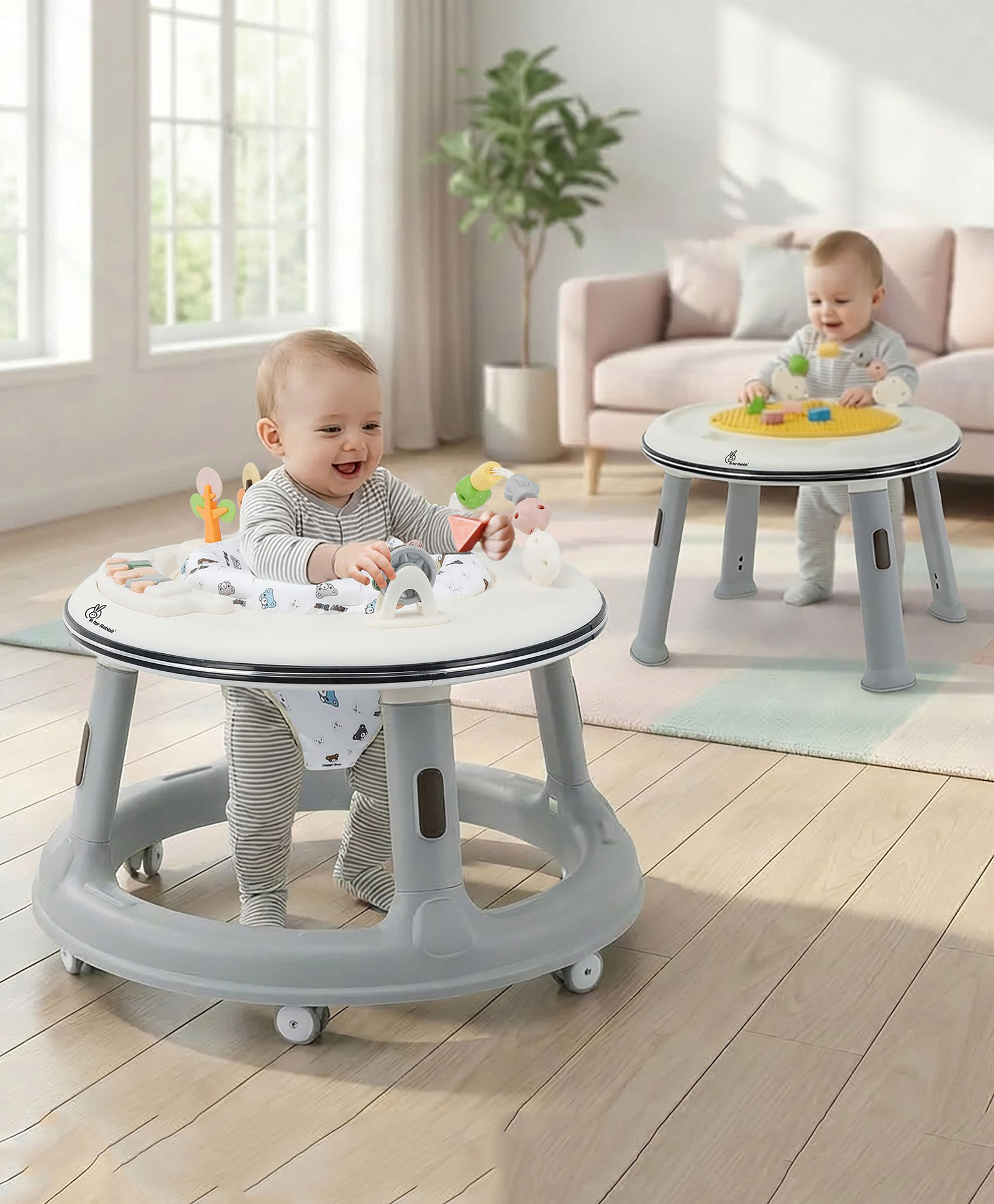 R for Rabbit Little Feet Hopper Baby Walker with Activity Table 2-in-1 Convertible Design for Kids 6-36 Months | Height Adjustment Push Walker Toy Bar with Music & Light | 360° Rotating Seat (Grey White)-picture-18