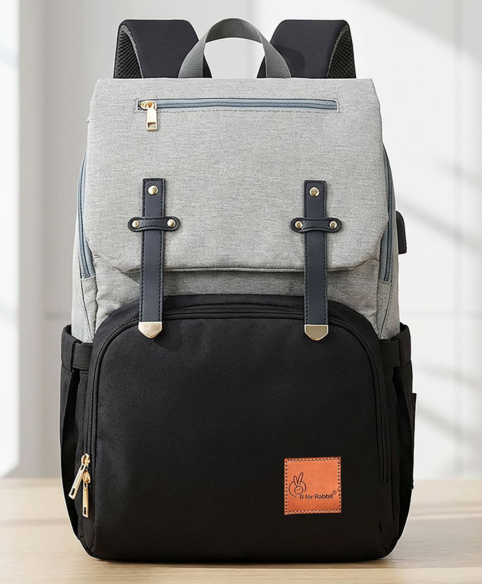 R for Rabbit Caramello Smart Diaper Bag for Newborn Baby | Multi-Functional Maternity Backpack with Built-In Usb Charging Port, Insulated Pockets, Large Storage Space & Trolley Strap (Black Grey)