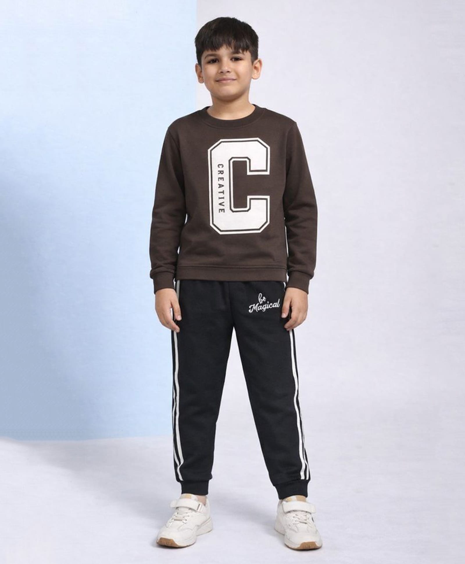 Hrit Fleece Knit Full Sleeves Creative Printed Winter Sweatshirt & Joggers Set - Brown & Black-picture-49