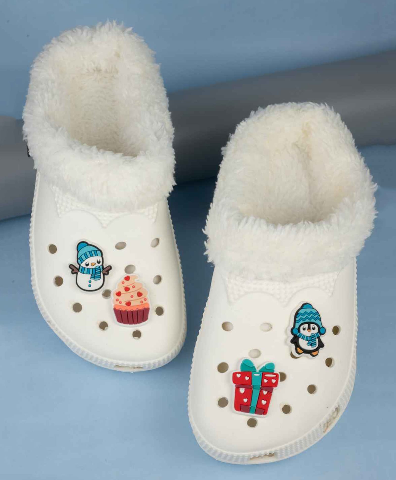Yellow Bee Snowman & Cupcake Applique Plush Line Detailed Perforated Clogs - White-picture-21