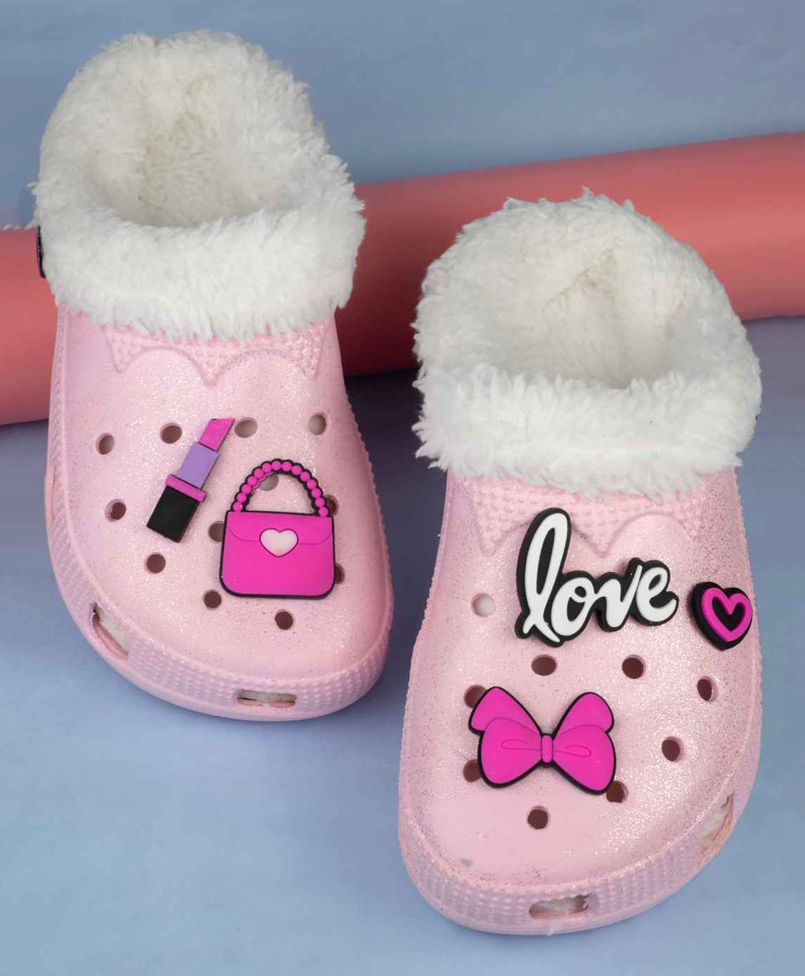 Yellow Bee Lipstick Bag & Bow Applique Plush Line Detailed Perforated Clogs - Pink-image-10