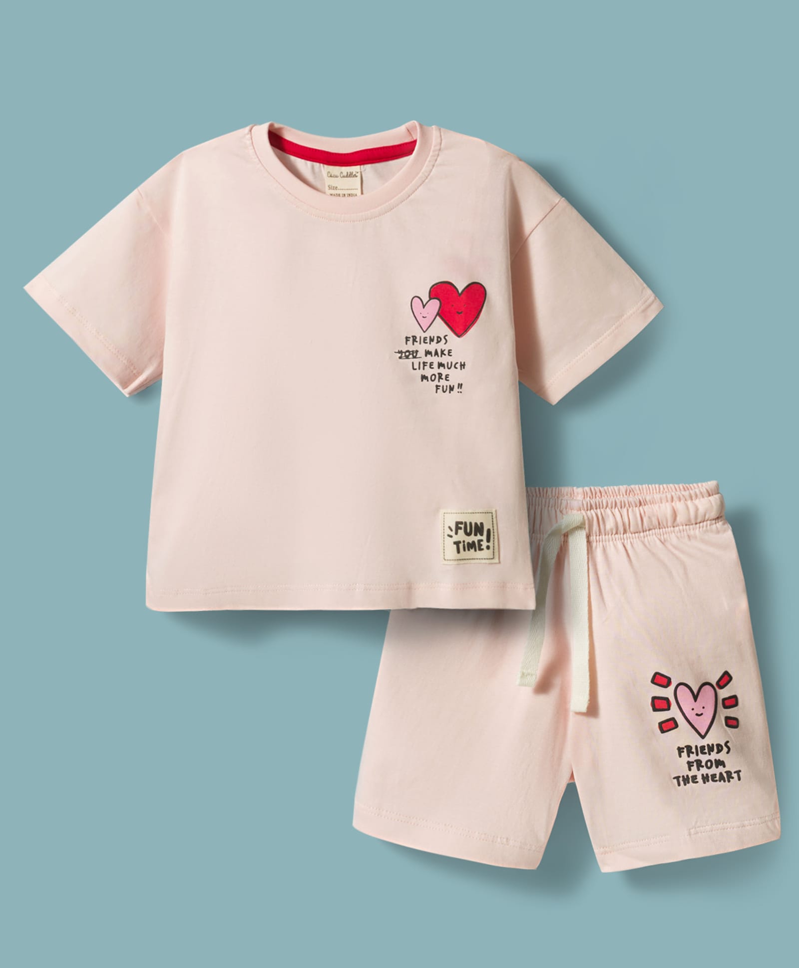 CUCUMBER Knitted Half Sleeves T-Shirt & Short Night Suit With Heart Print - Pink-picture-26