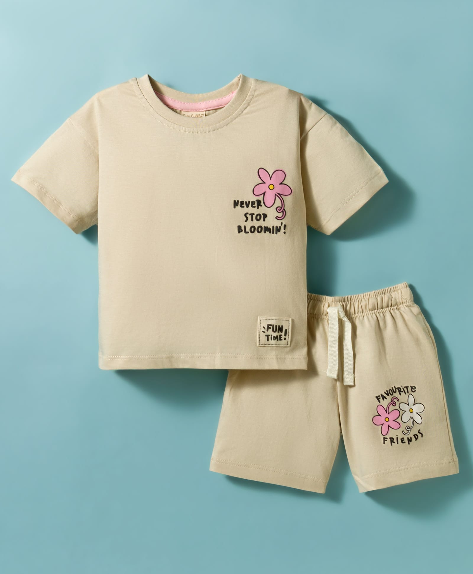 CUCUMBER Knitted Half Sleeves T-Shirt & Short Night Suit With Floral Print - Ivory-image-30