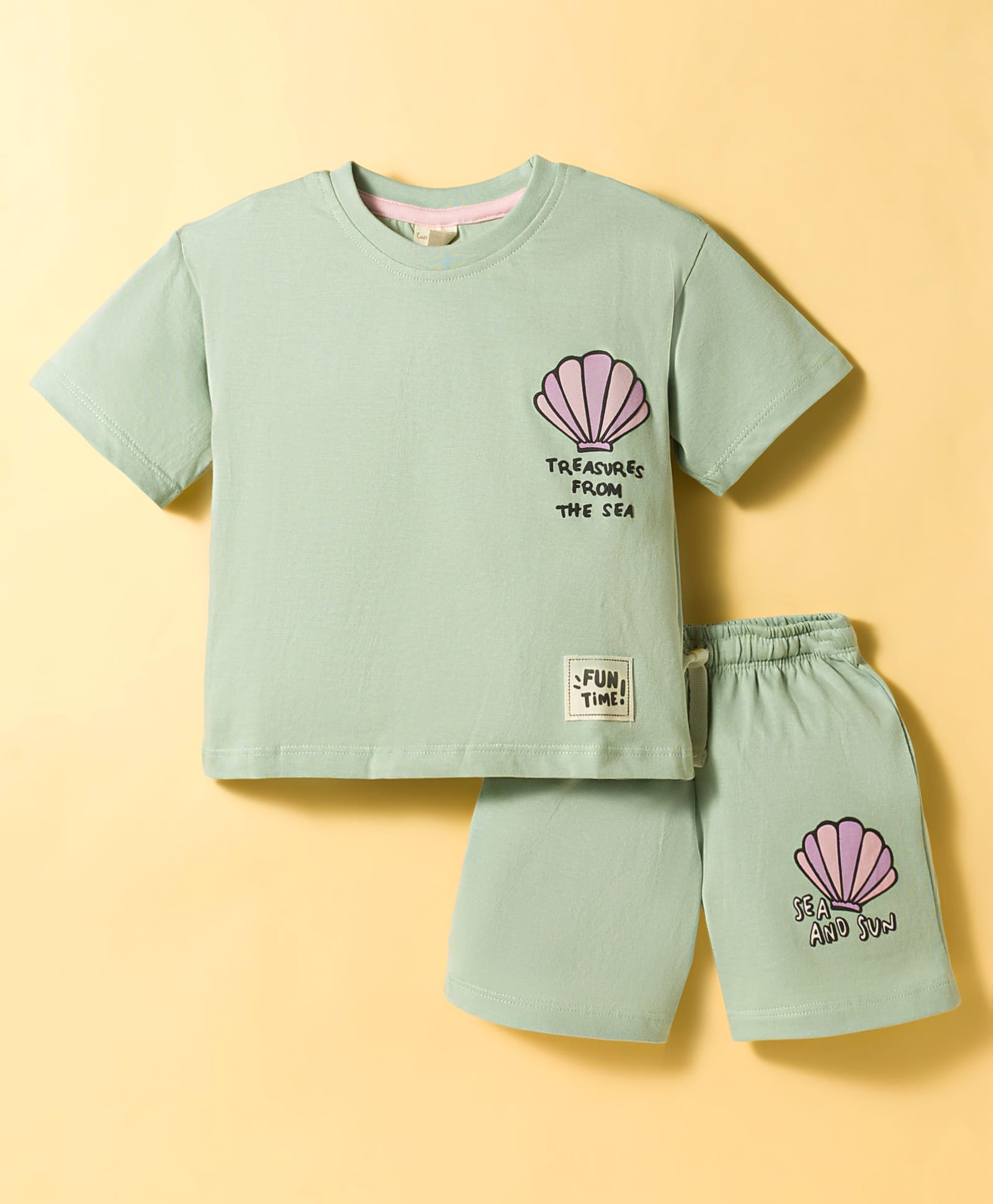 CUCUMBER Knitted Half Sleeves T-Shirt & Short Night Suit With Sea & Sun Print - Mint-image-28