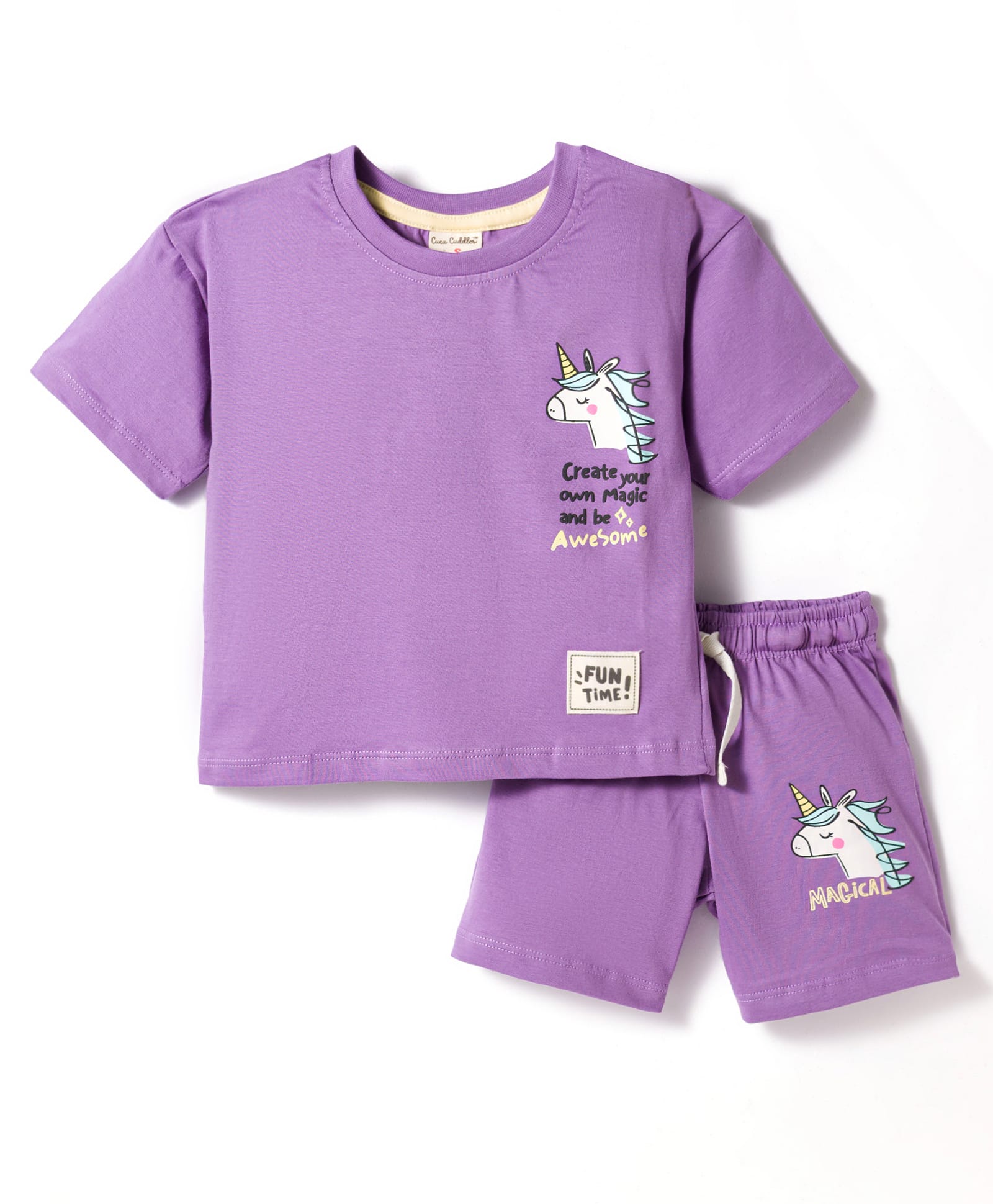 CUCUMBER Knitted Half Sleeves T-Shirt & Short Night Suit With Unicorn Print - Purple-picture-44