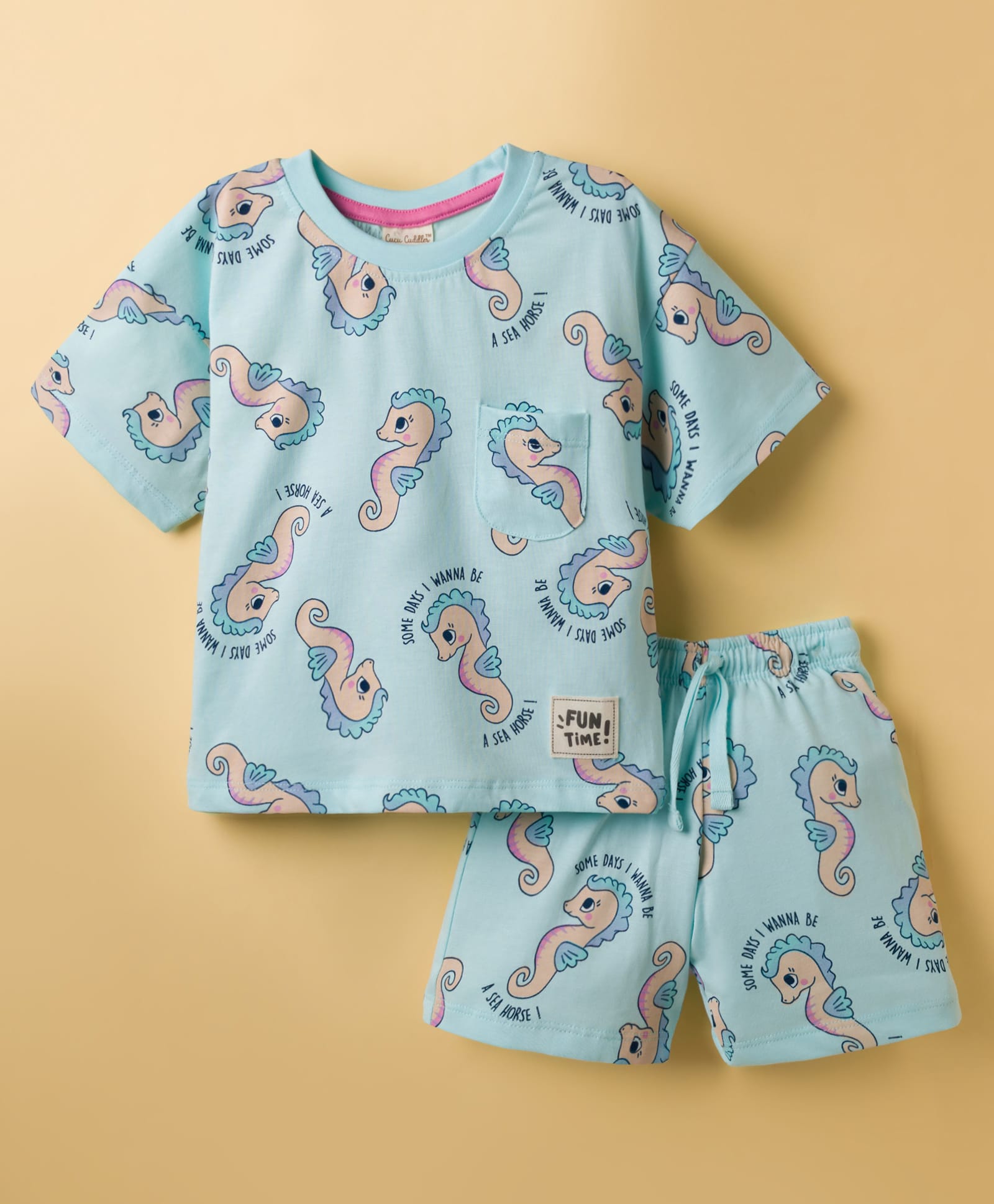 CUCUMBER Knit Half Sleeves T-Shirt & Shorts Co-ord Night Suit With Sea Horse Print - Mint-image-42