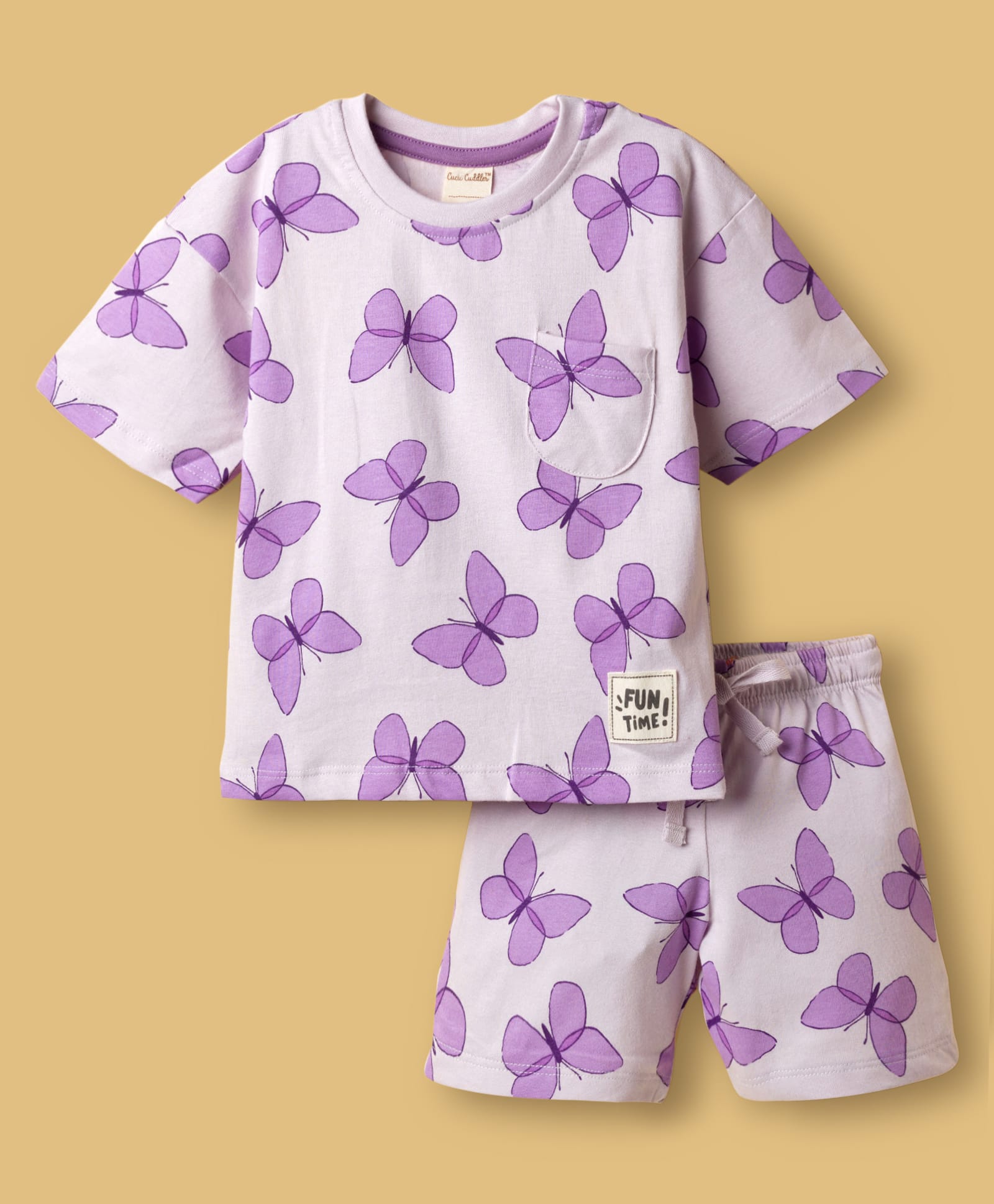 CUCUMBER Knit Half Sleeves T-Shirt & Shorts Co-ord Night Suit With Butterfly Print - Lilac-picture-7