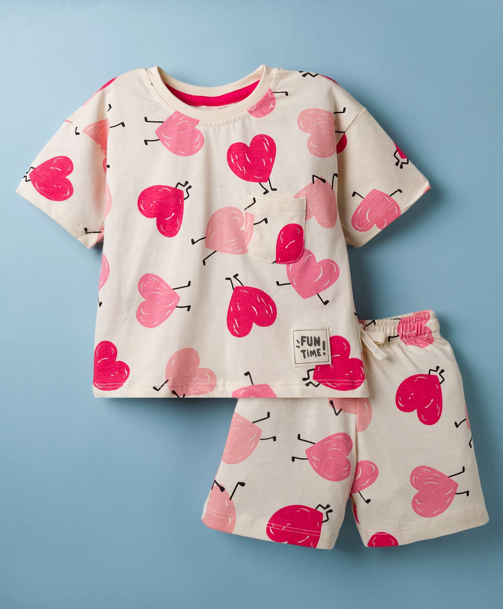 CUCUMBER Knit Half Sleeves T-Shirt & Shorts Co-ord Night Suit With Heart Print - Cream-picture-14