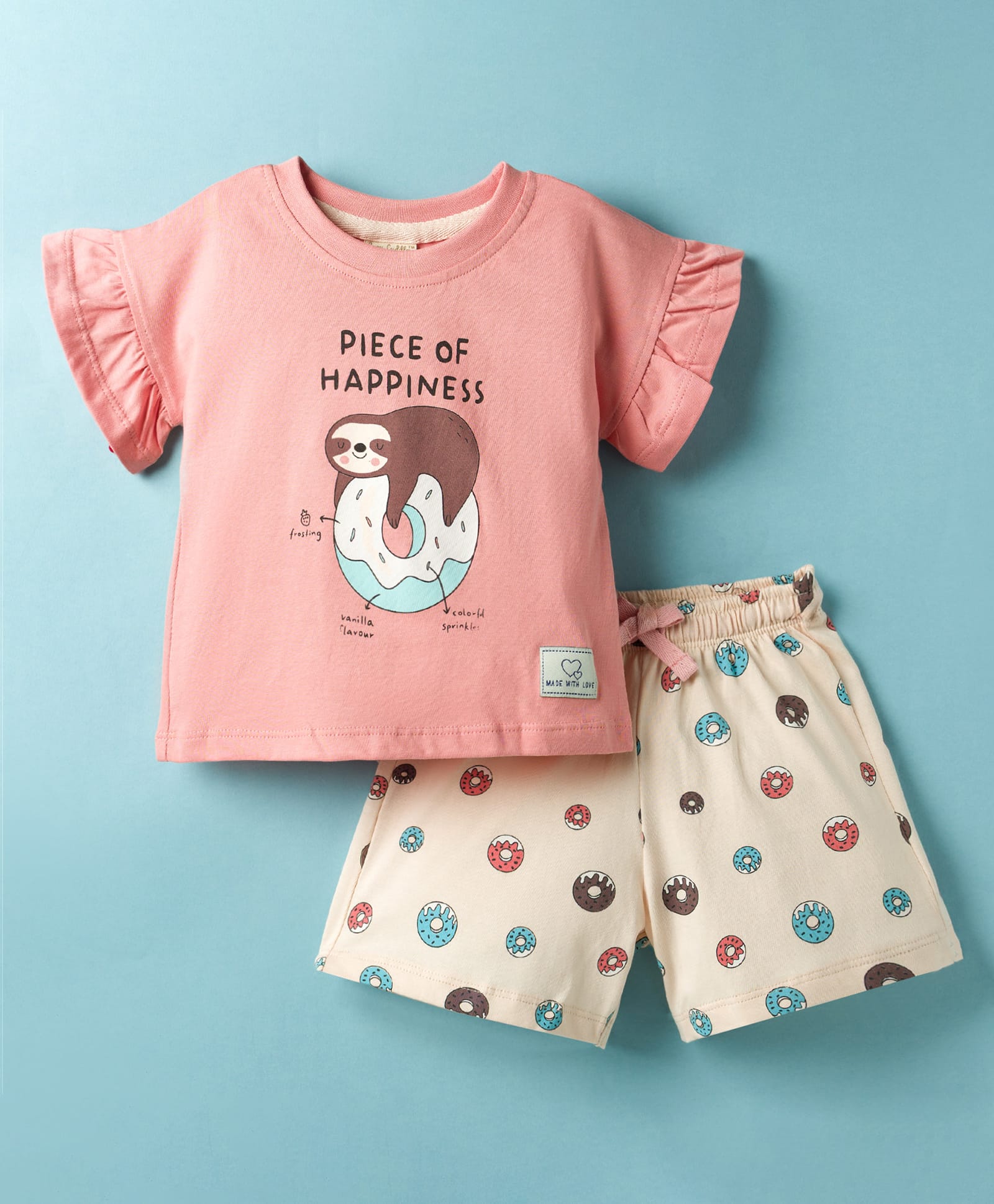 CUCUMBER Knitted Half Sleeves Top & Shorts Night Suit With Bear Print - Peach-image-37