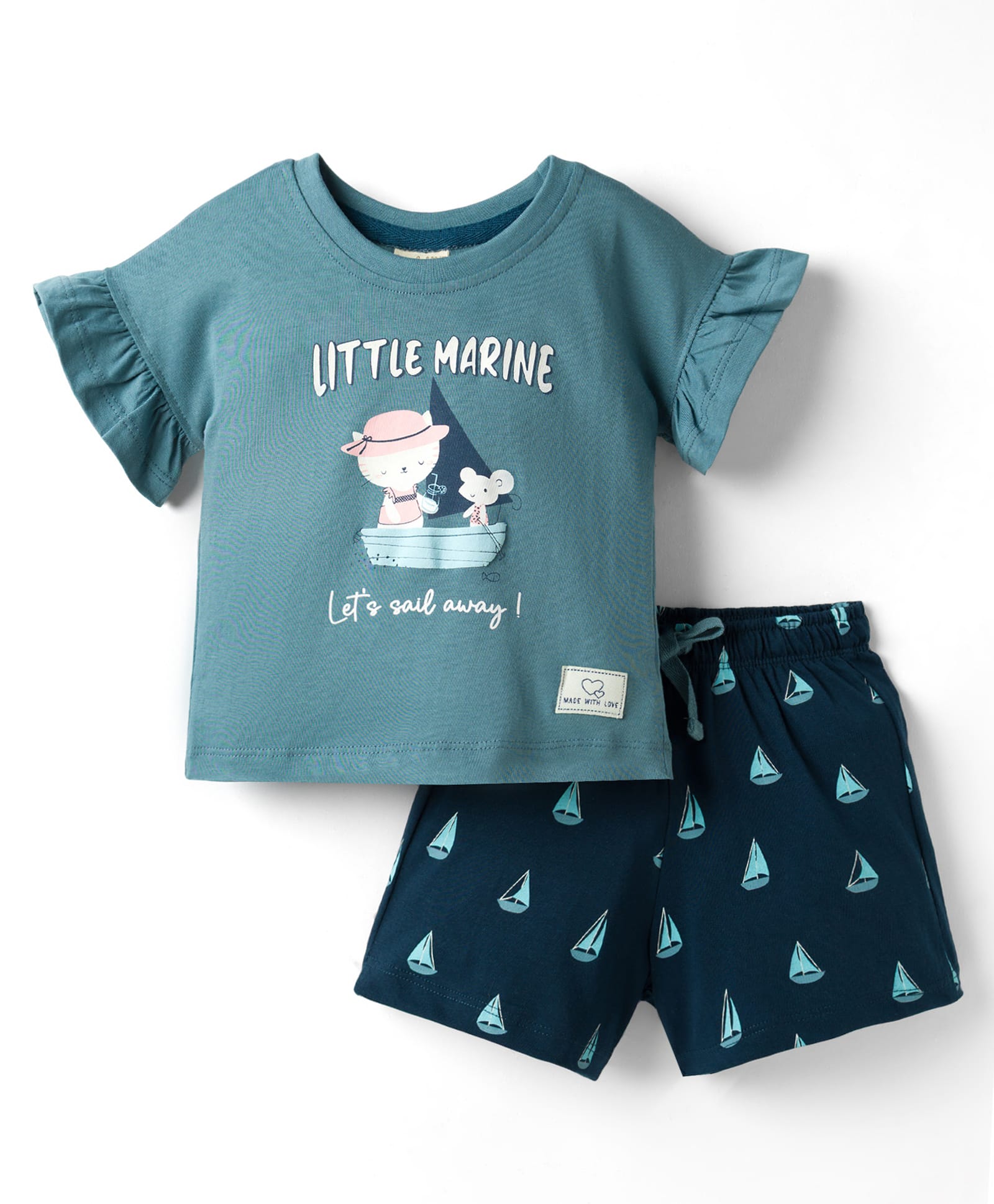 CUCUMBER Knitted Half Sleeves Top & Shorts Night Suit With Cat Print - Blue-image-23