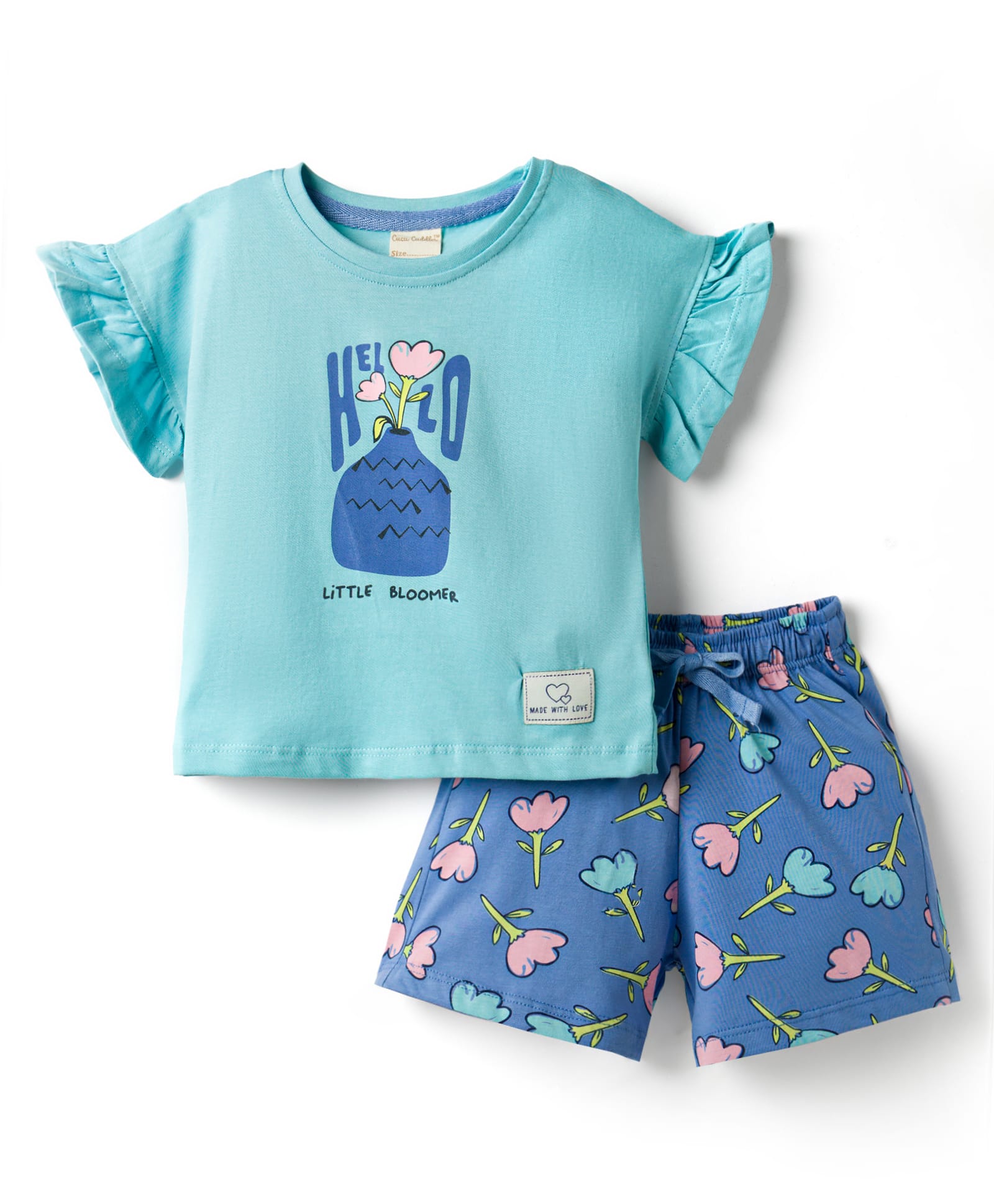 CUCUMBER Knitted Half Sleeves Top & Shorts Night Suit With Floral Print - Light Blue-picture-23