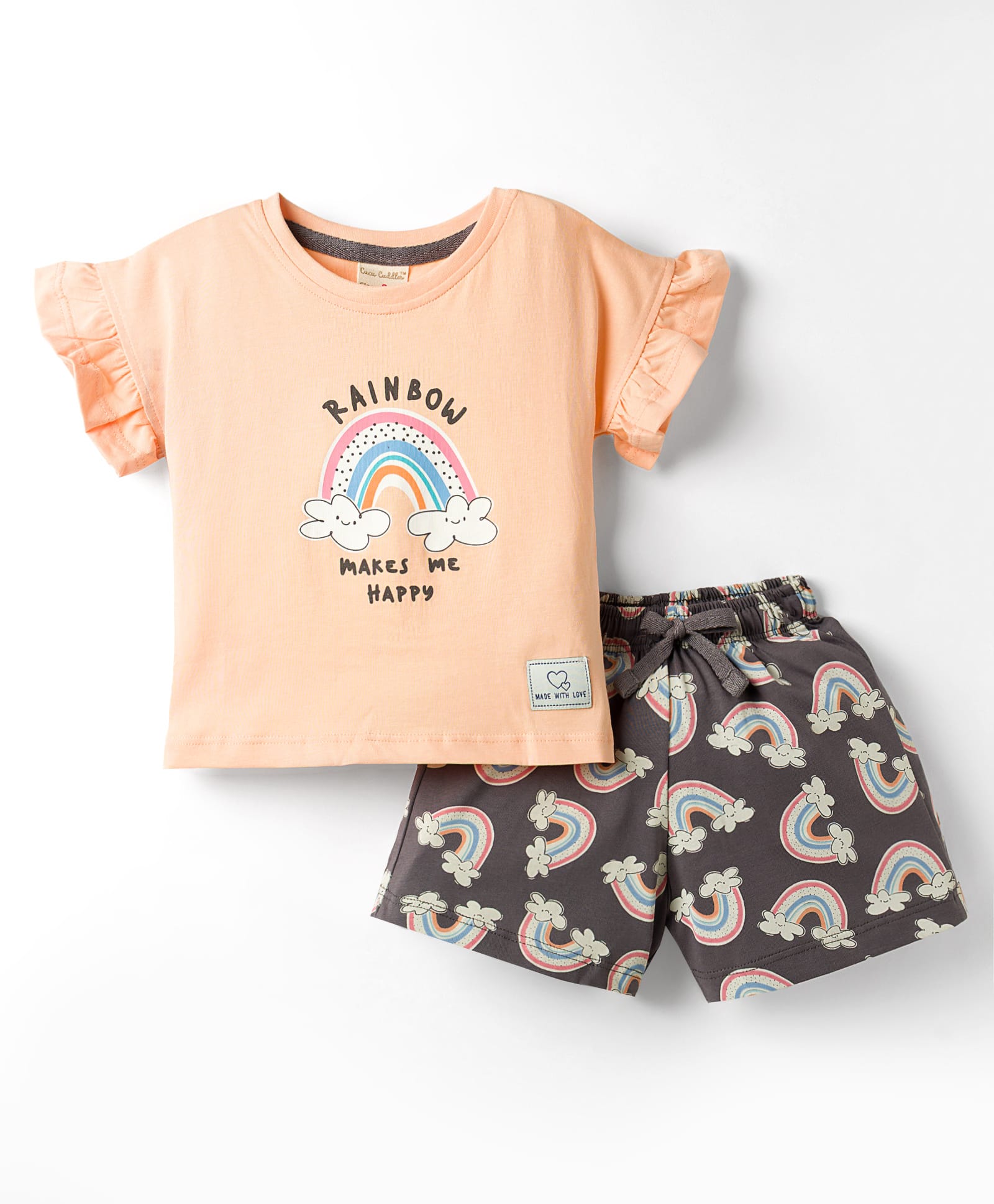 CUCUMBER Knitted Half Sleeves Top & Shorts Night Suit With Rainbow Print - Peach-picture-8