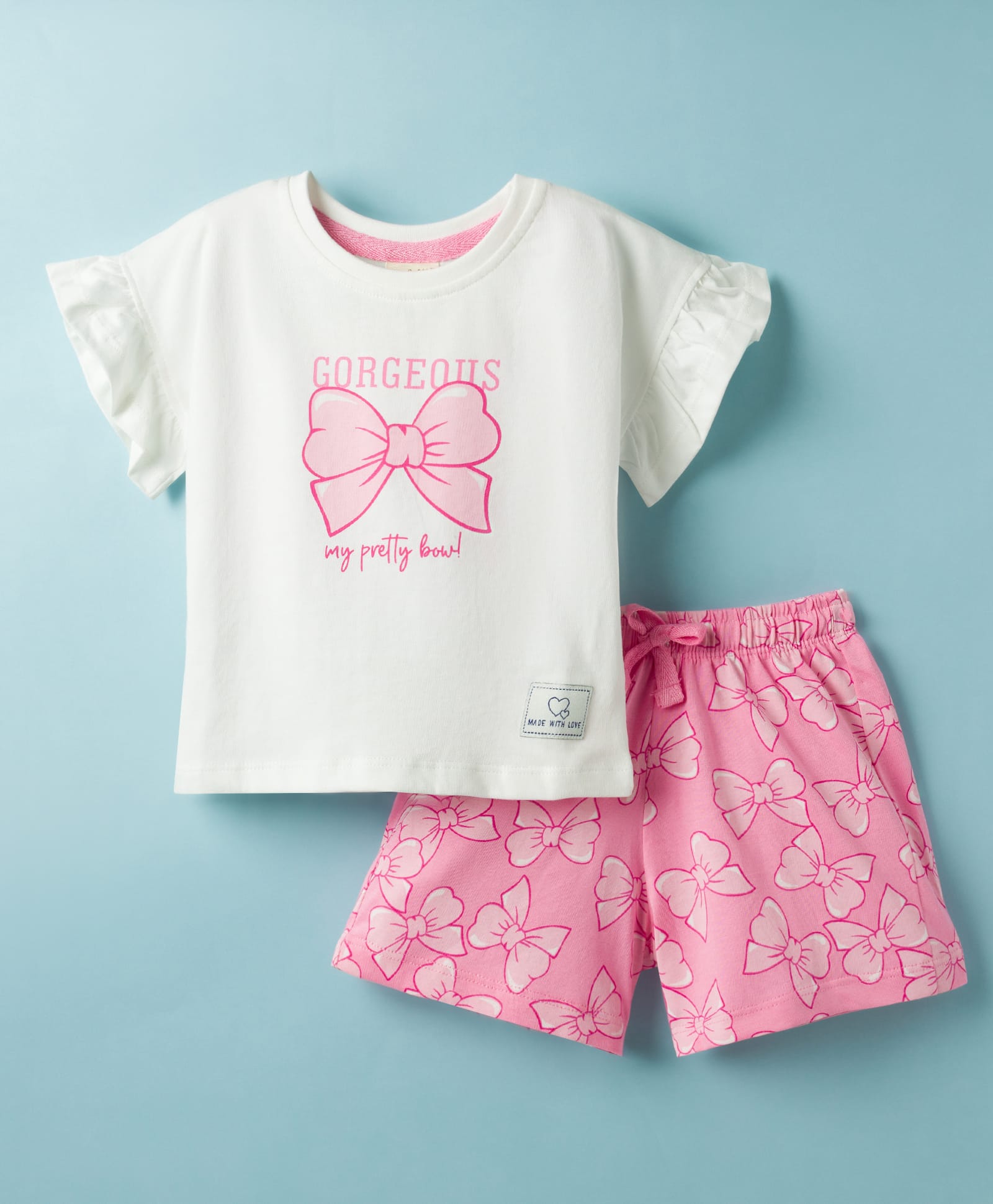 CUCUMBER Knitted Half Sleeves Top & Shorts Night Suit With Bow Print - White & Pink-picture-15