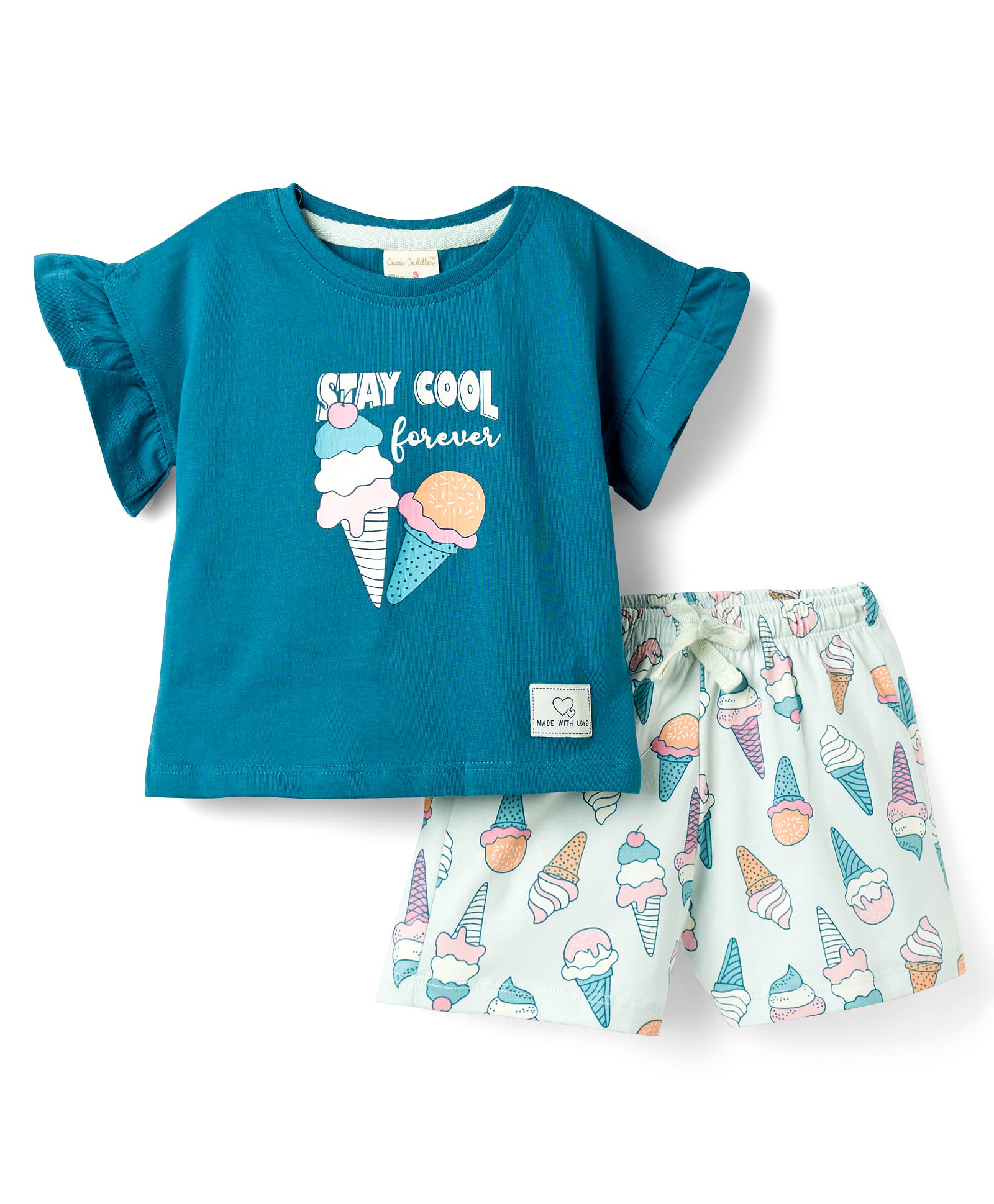 CUCUMBER Knitted Half Sleeves Top & Shorts Night Suit With Ice Cream Print - Teal Blue-image-27