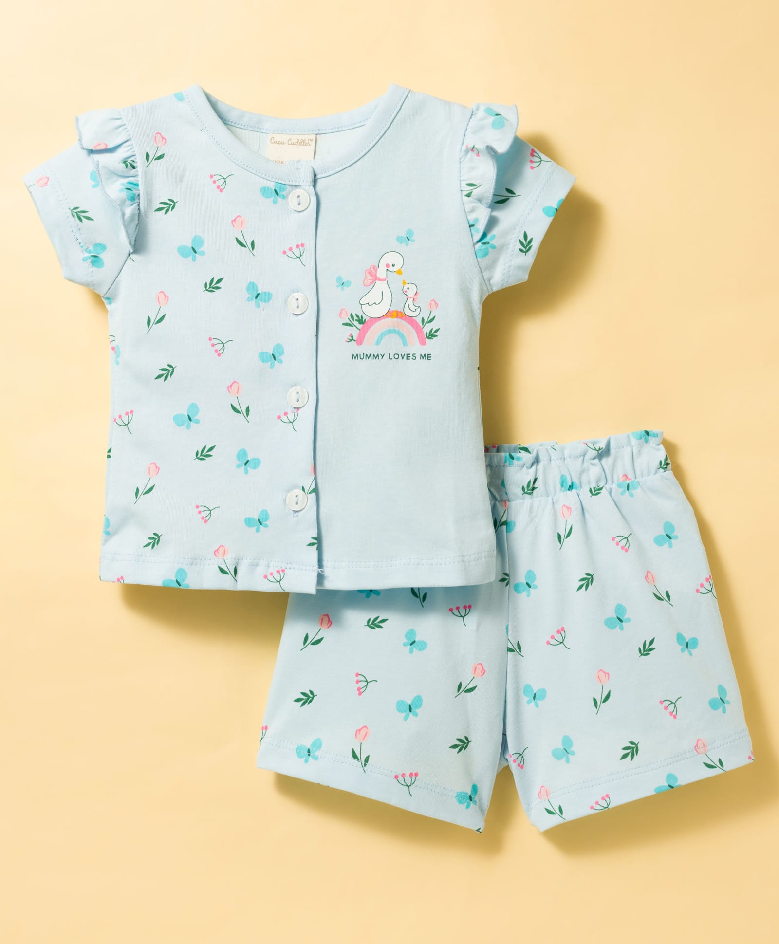 CUCUMBER Knitted Half Sleeves Butterfly Duck & Floral Printed T-Shirt & Shorts Night Suit Set - Light Blue-image-35
