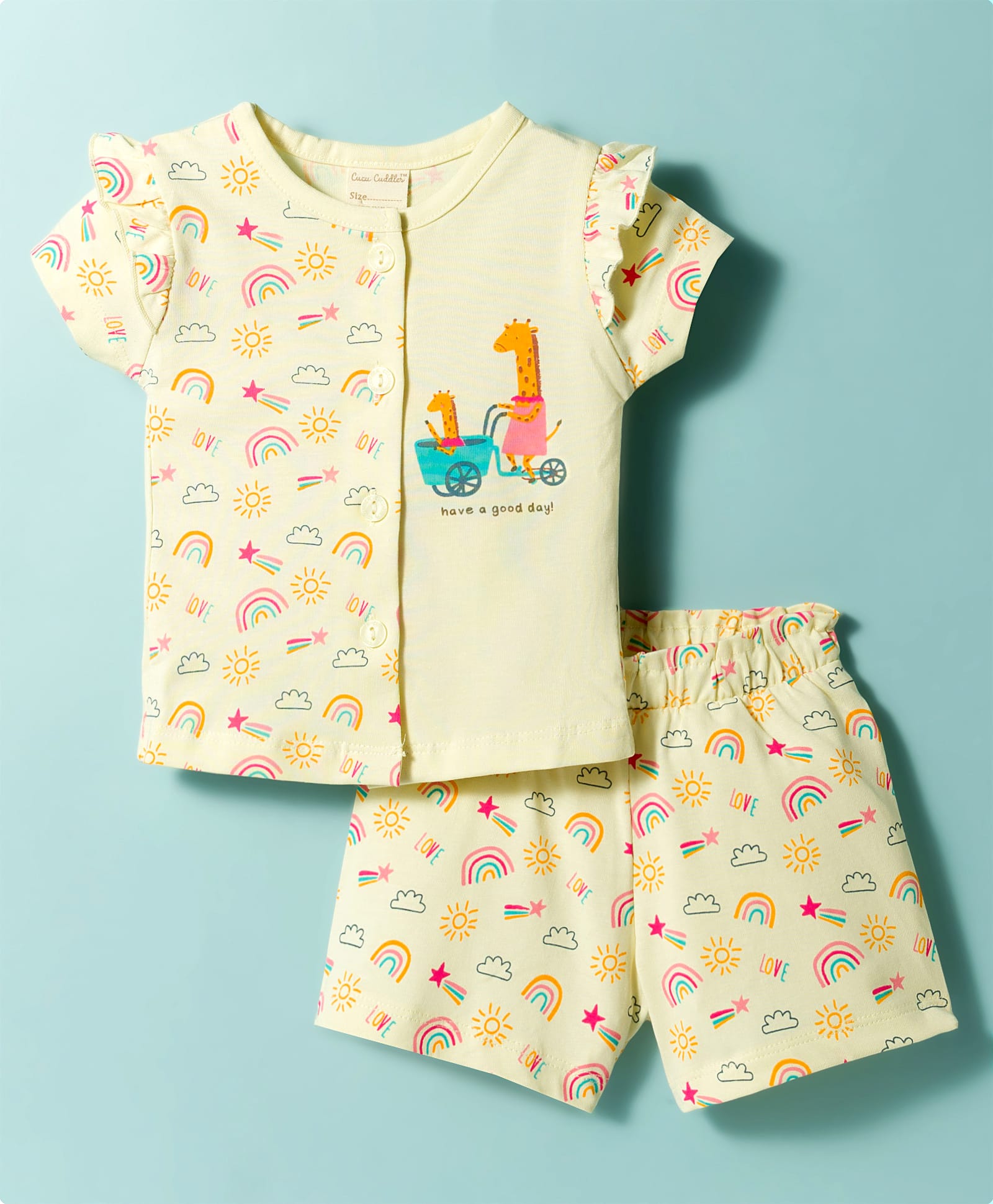 CUCUMBER Knitted Half Sleeves Top & Shorts Night Suit With Giraffe Print - Lemon-image-47