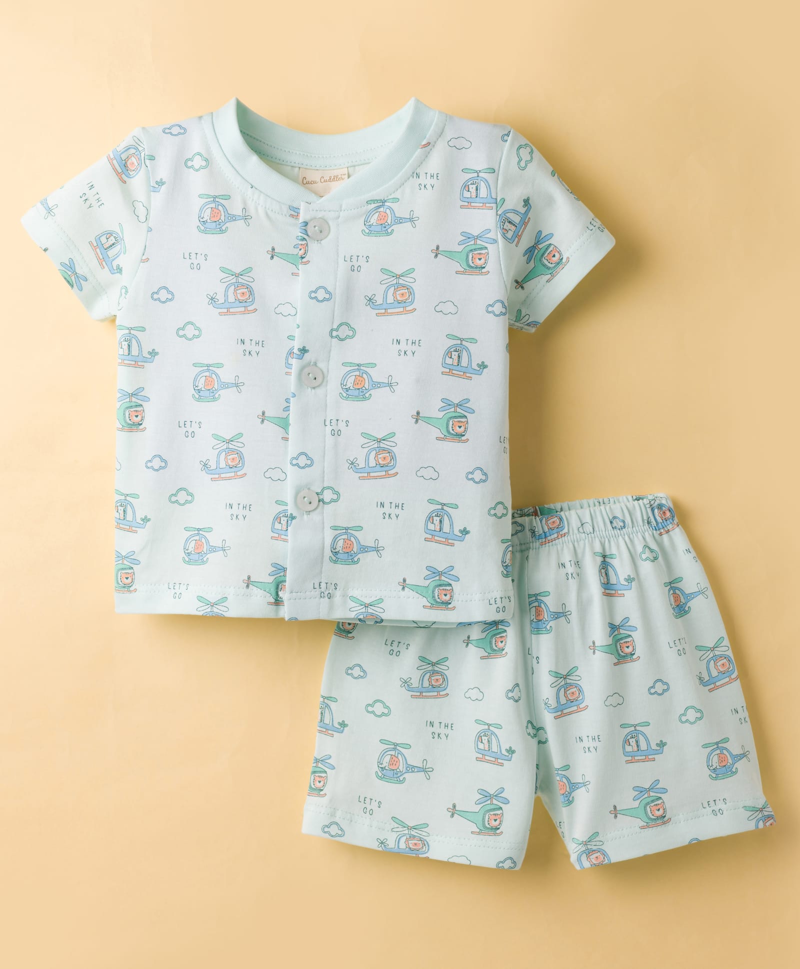 CUCUMBER Knitted Half Sleeves Helicopter Printed Half Sleeves T-Shirt & Shorts Co-Ord Night Suit Set - Light Blue-image-2