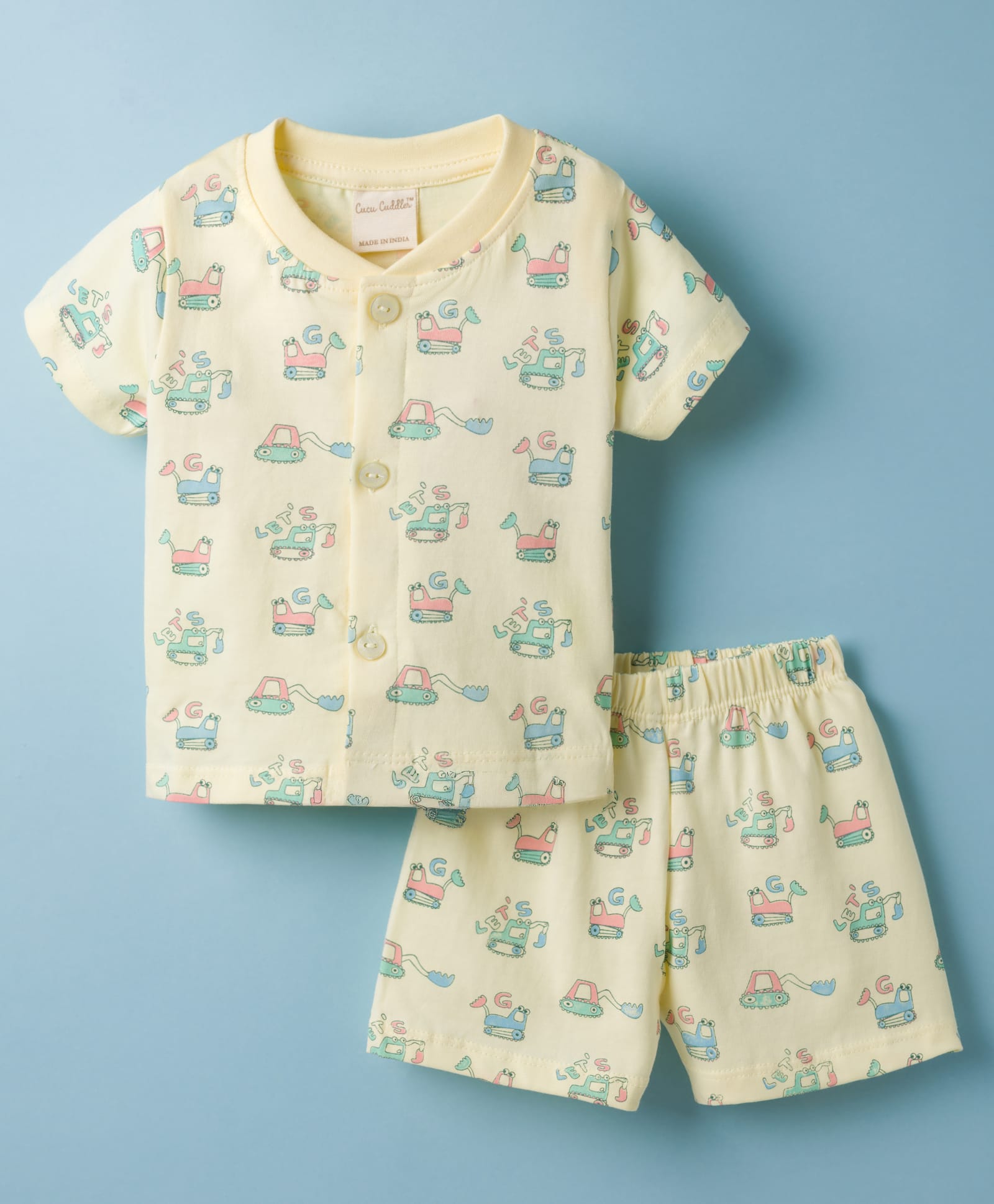 CUCUMBER Knitted Half Sleeves Construction Vehicles Printed T-Shirt & Shorts Co-Ord Night Suit Set - Light Yellow-picture-23