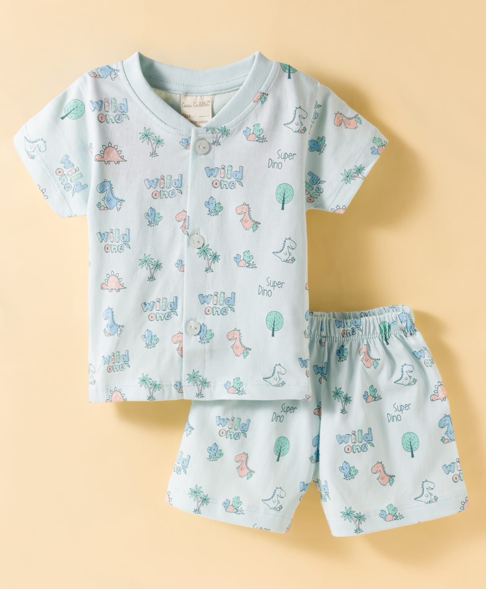 CUCUMBER Knitted Half Sleeves T-Shirt & Shorts Night Suit With Dino Print - Light Blue-picture-17